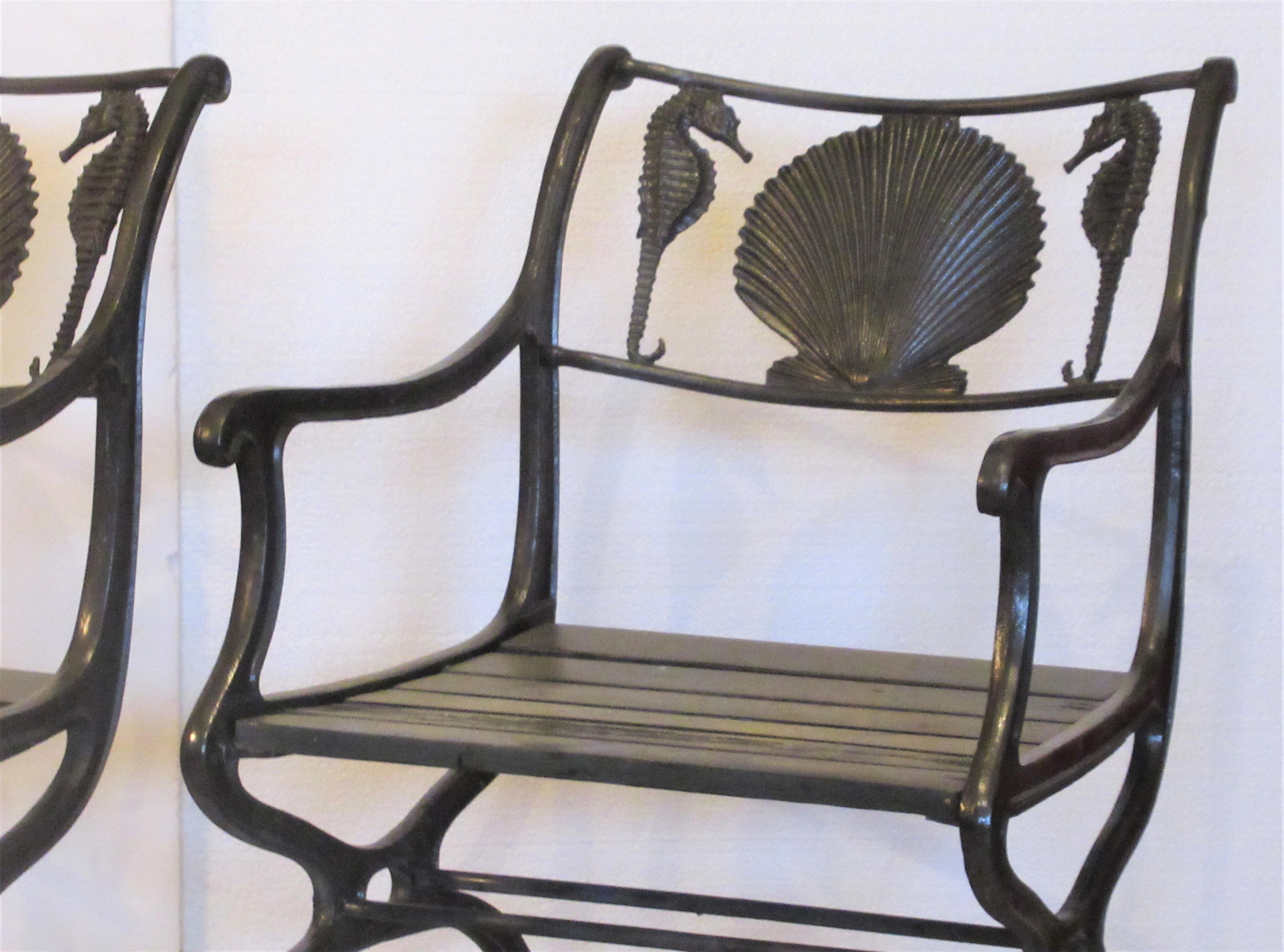 Wood Antique American Cast Iron Sea Horse and Scallop Shell Design Garden Chairs