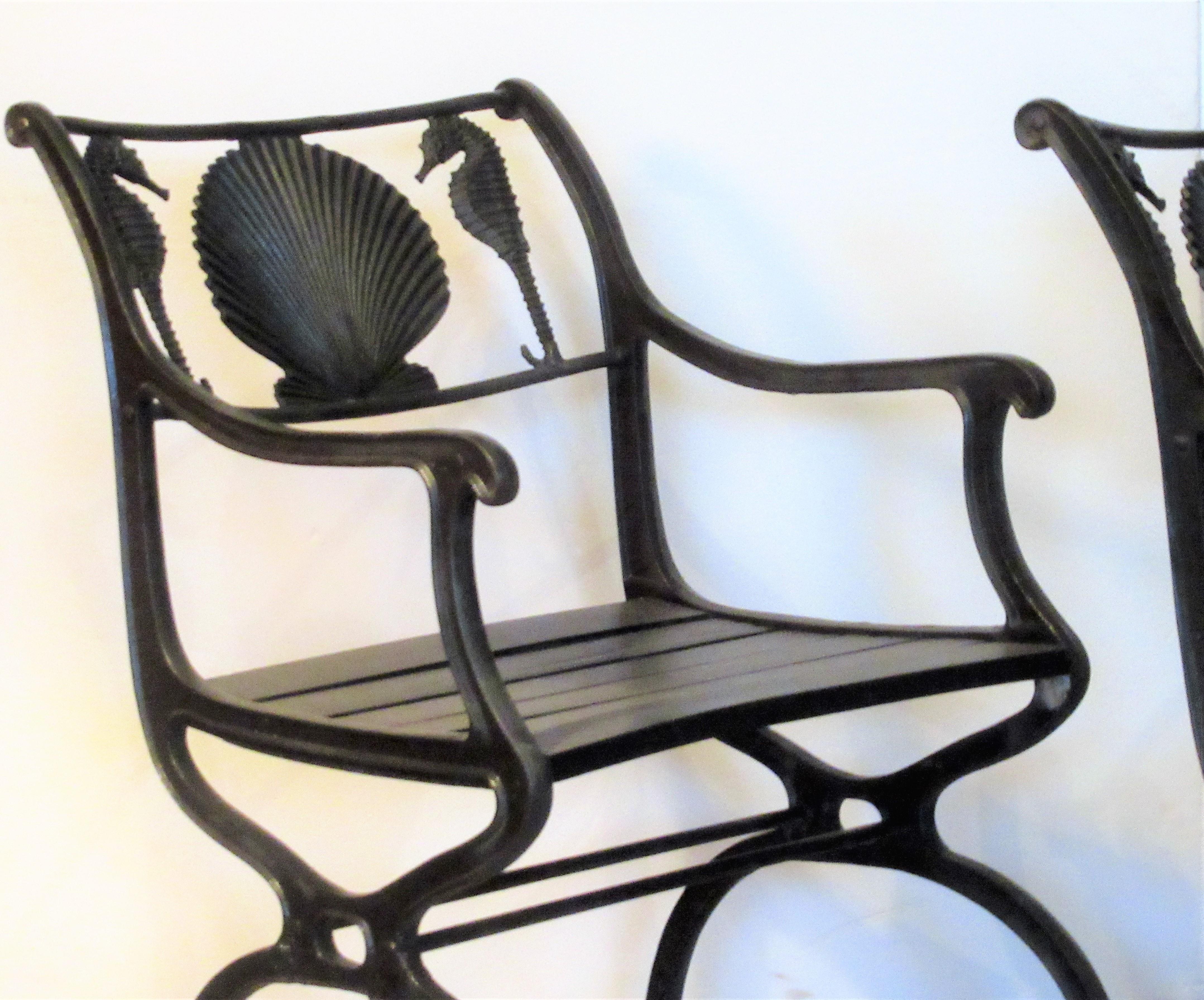 Antique American Cast Iron Sea Horse and Scallop Shell Design Garden Chairs 1