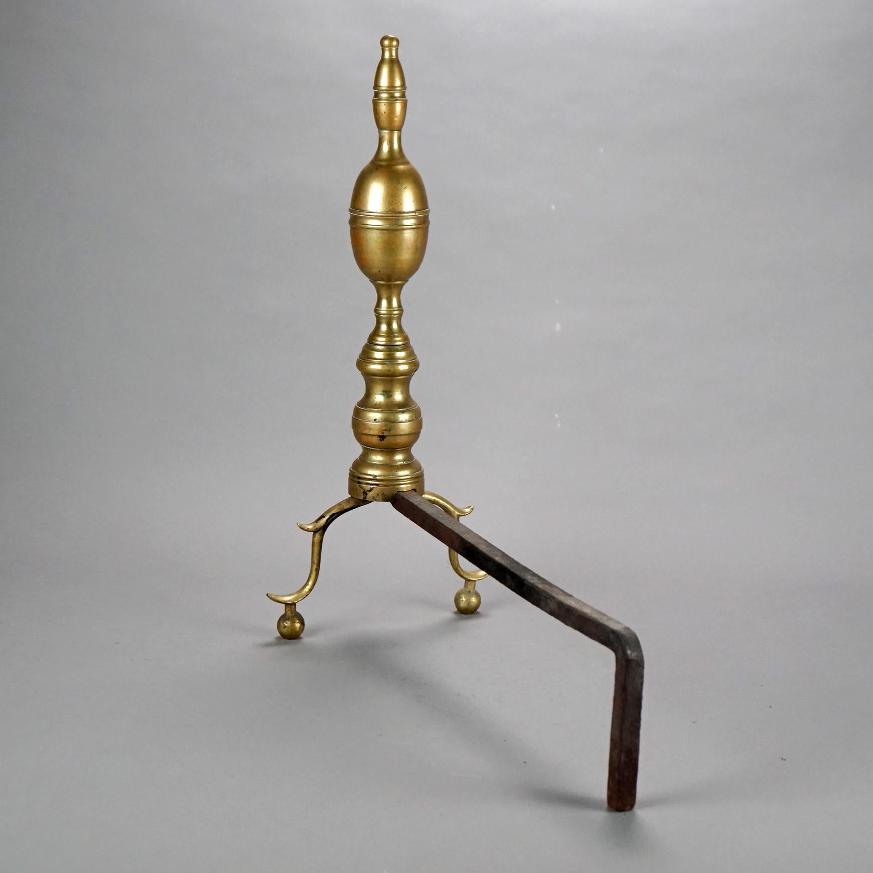Antique American Chippendale Brass Lemon Top Fireplace Andirons C1820 In Good Condition In Big Flats, NY