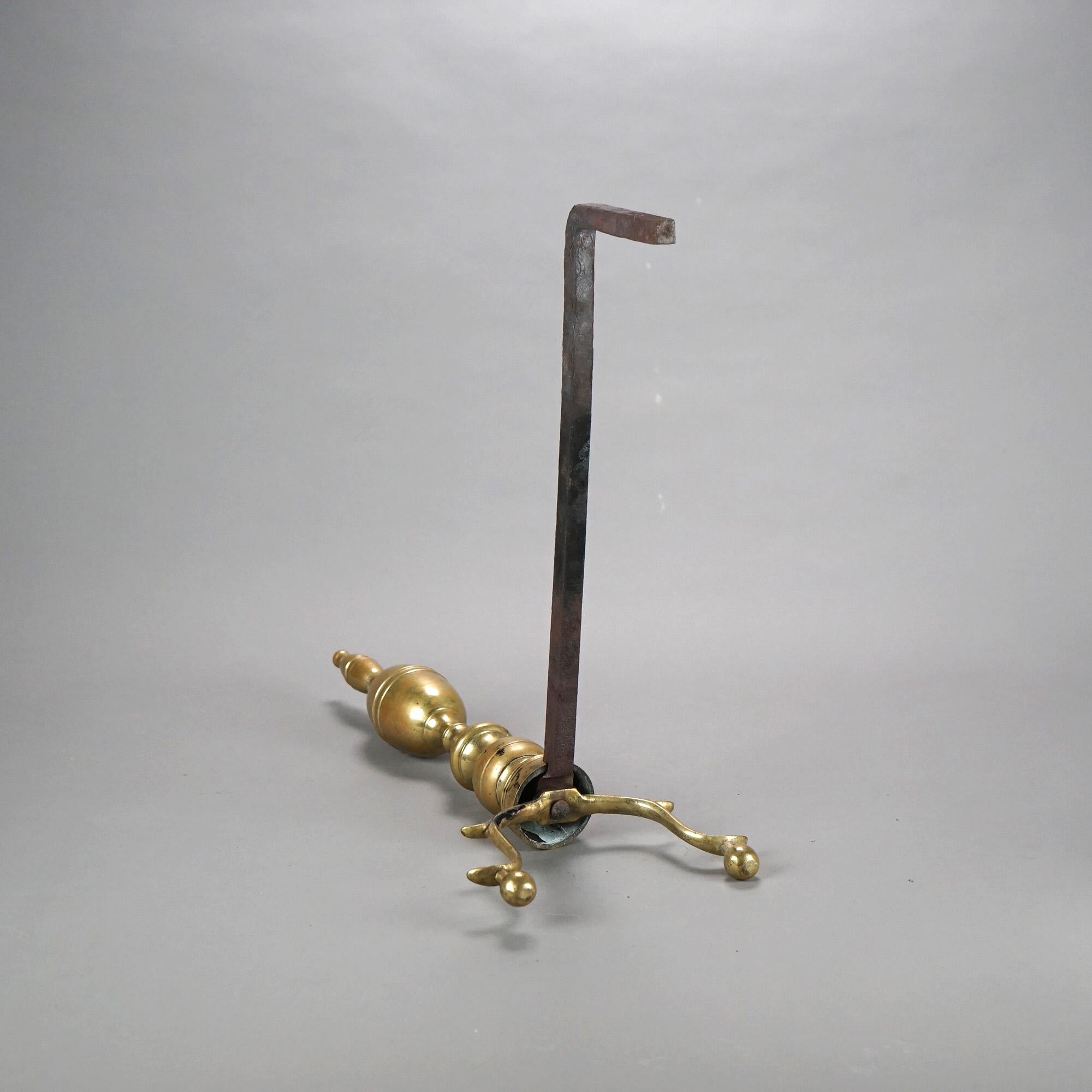 19th Century Antique American Chippendale Brass Lemon Top Fireplace Andirons C1820