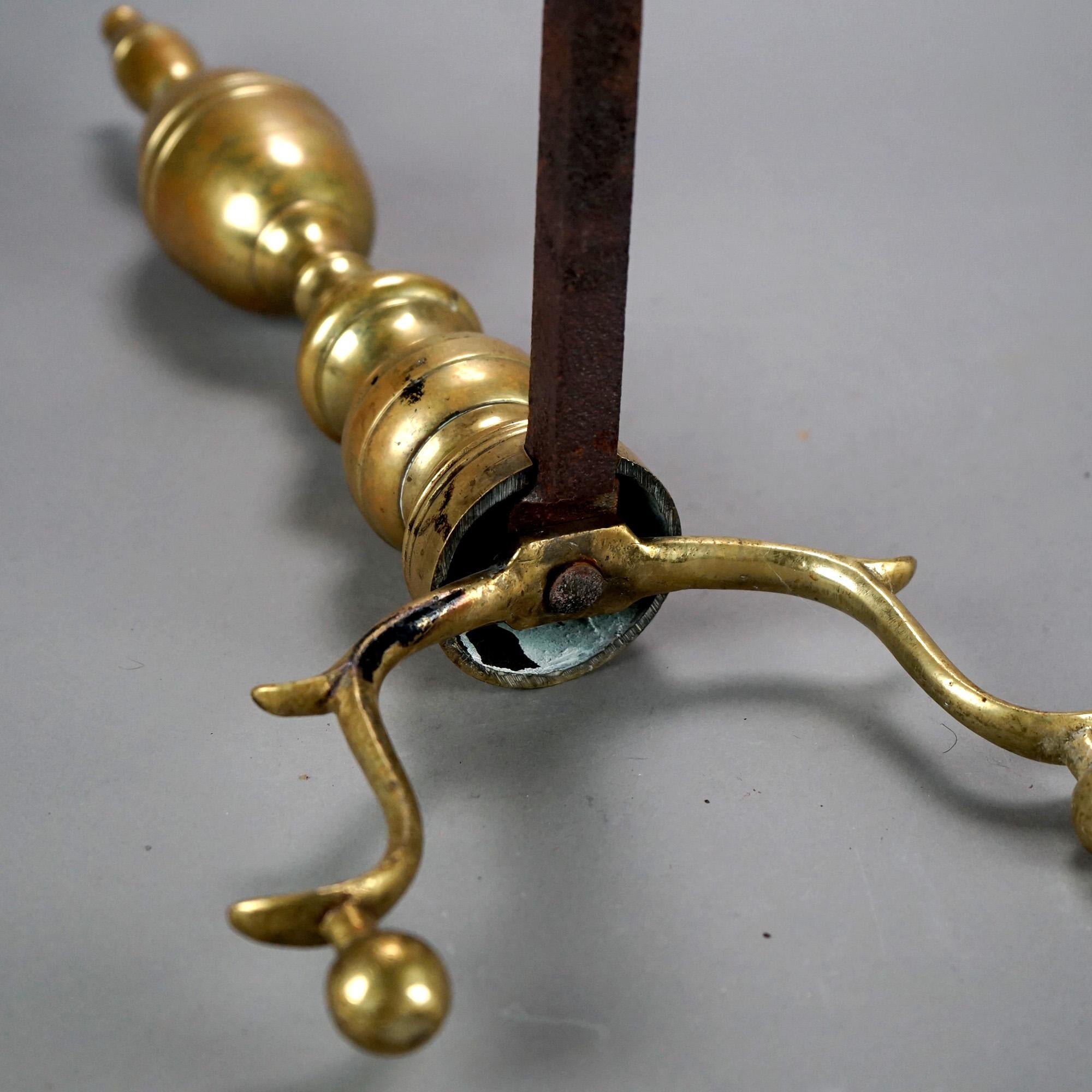 Antique American Chippendale Brass Lemon Top Fireplace Andirons C1820 1