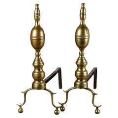 Antique American Chippendale Brass Lemon Top Fireplace Andirons C1820