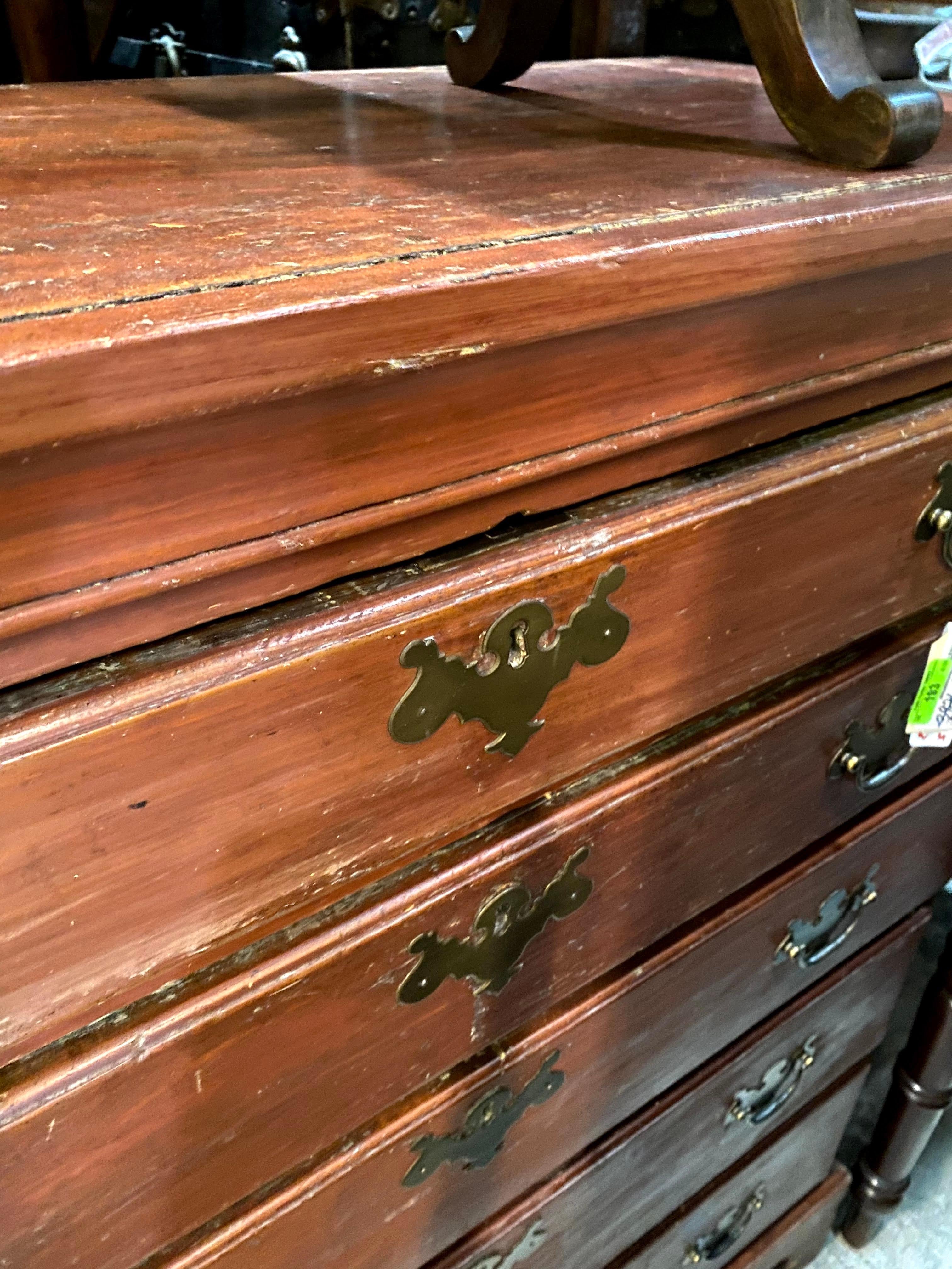 Brass Antique American Chippendale Red-Painted Chest of Drawers, New England, 18th C For Sale