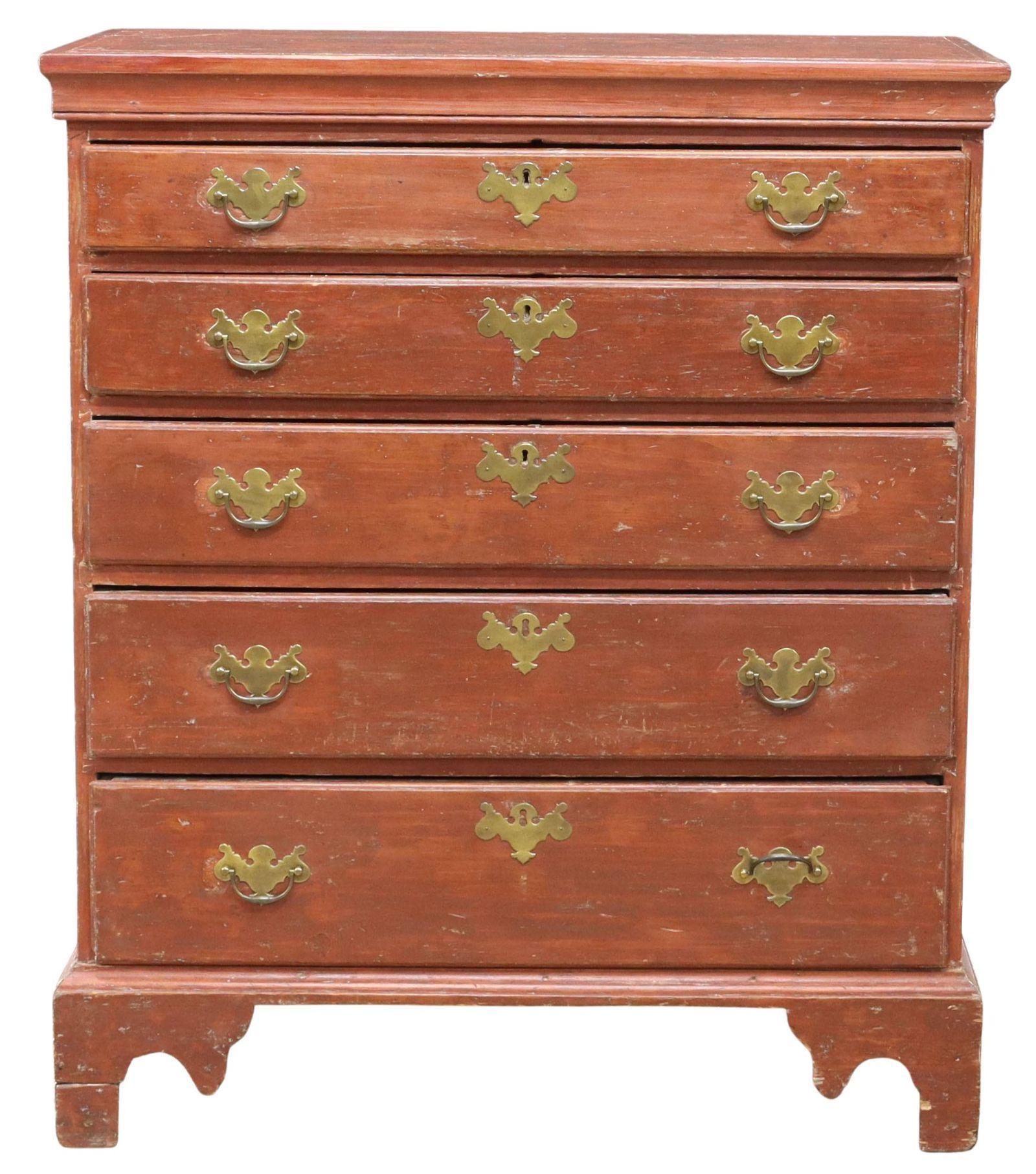 Antique American Chippendale Red-Painted Chest of Drawers, New England, 18th C 3