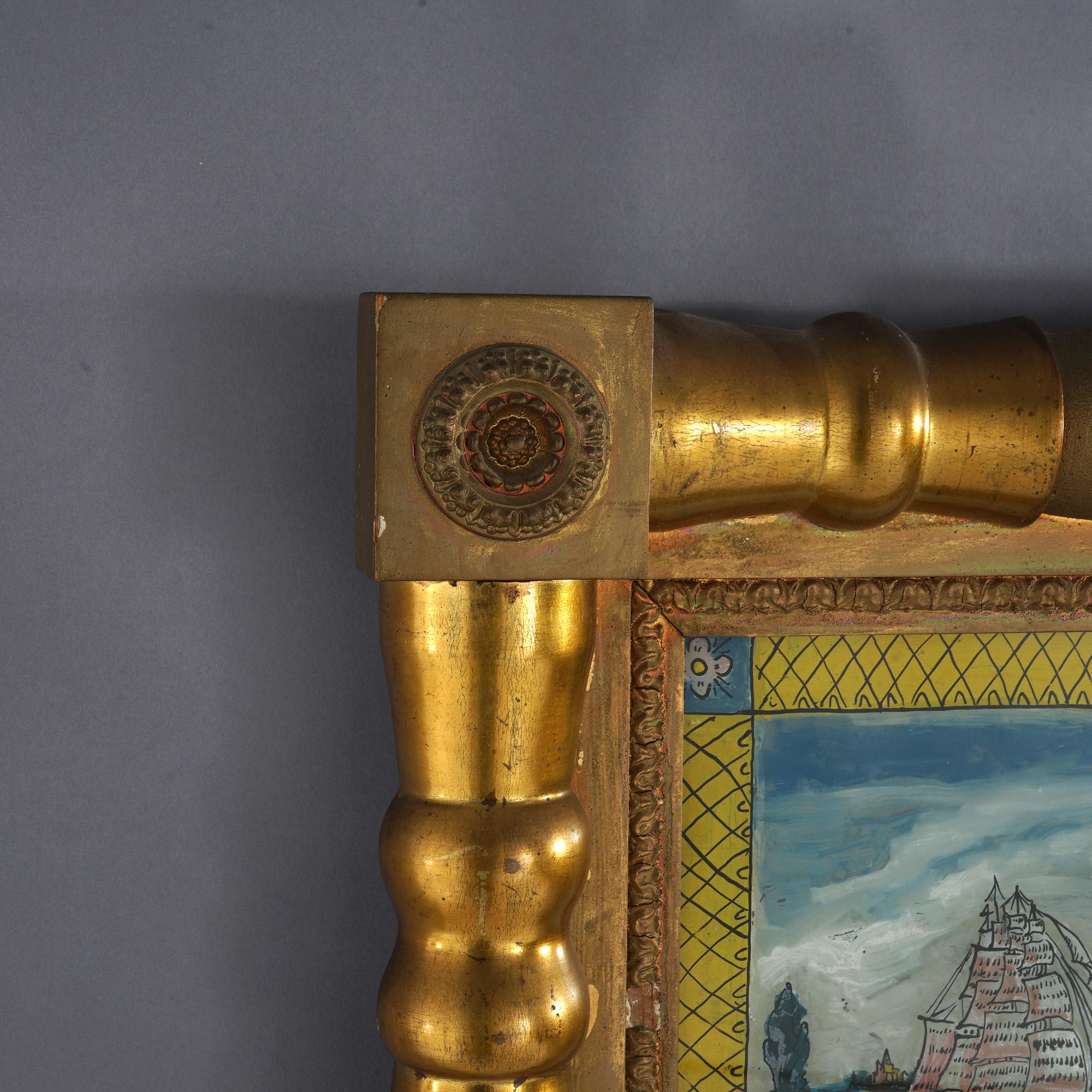 Antiguo Espejo de Pared de Madera Eglomise y Giltwood Clásico Imperio Americano de Primer Acabado Pintado a mano en venta