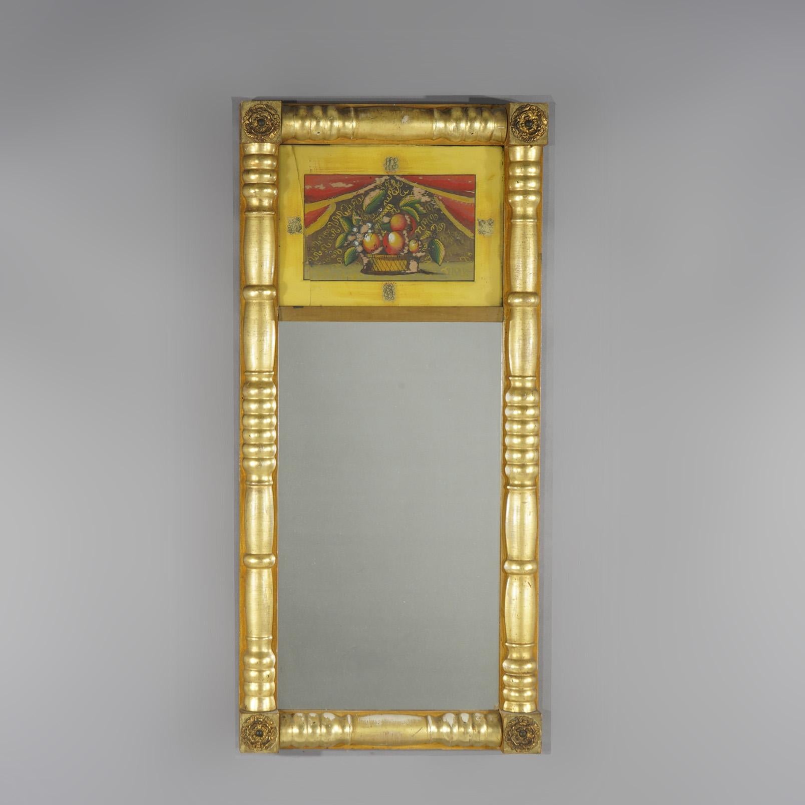 Antique American Classical Empire First Finish Wall Mirror with Column Form Giltwood Frame and Fruit Still Life  Eglomise Panel, c1880

Measures- 39