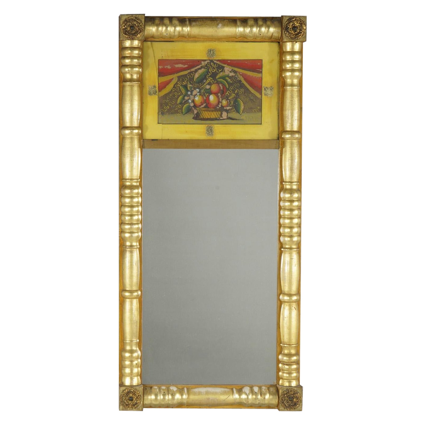 Antique American Classical Empire First Finish Wall Mirror with Eglomise Panel