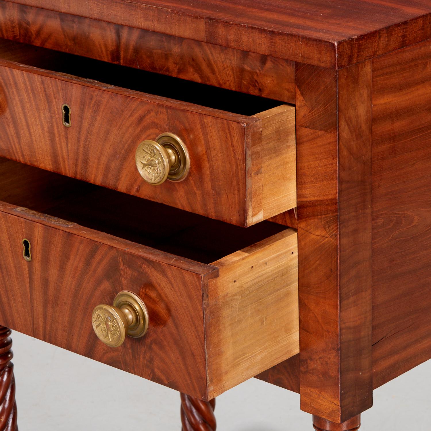 19th Century Antique American Classical Figured Mahogany Nightstand With Rope Carved Legs For Sale