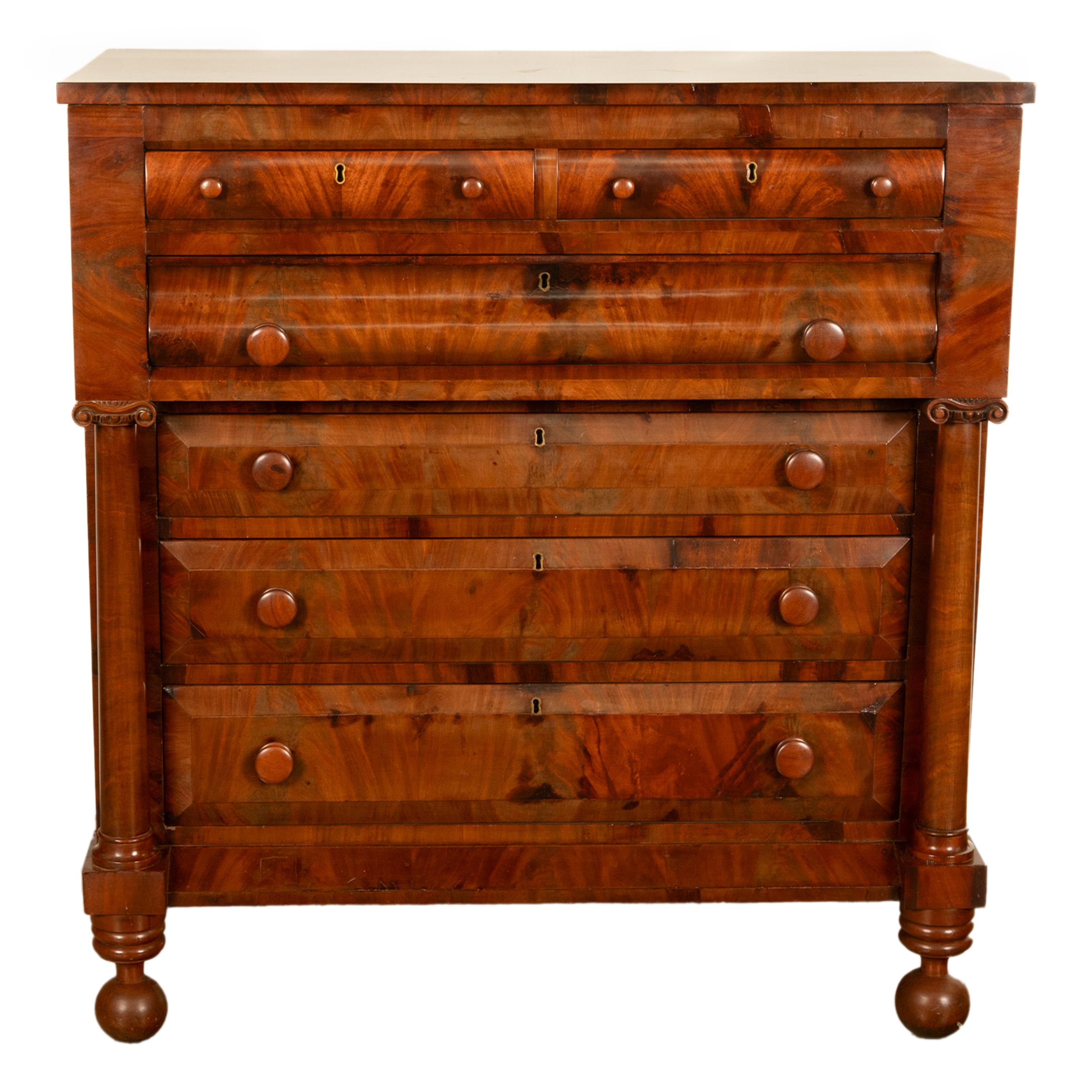 A fine antique flame mahogany American Classical period chest of drawers/dresser, Mid Atlantic States, Baltimore or New York, circa 1830.
This is a very fine quality classical period dresser in the nicest condition one could hope for!
Made from the