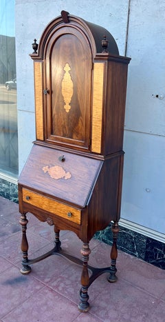Antique American Classical Mixed Wood Inlay Secretaire Bookcase Cabinet