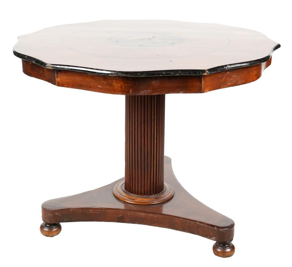 Circa 1820's Walnut Center Table With a Stag's Leap and Pursuing Dog motif Inlay to the top.

Note: Restoration of the finish on this table has been completed. Post restoration photos to follow . . . Current photos show pre restoration