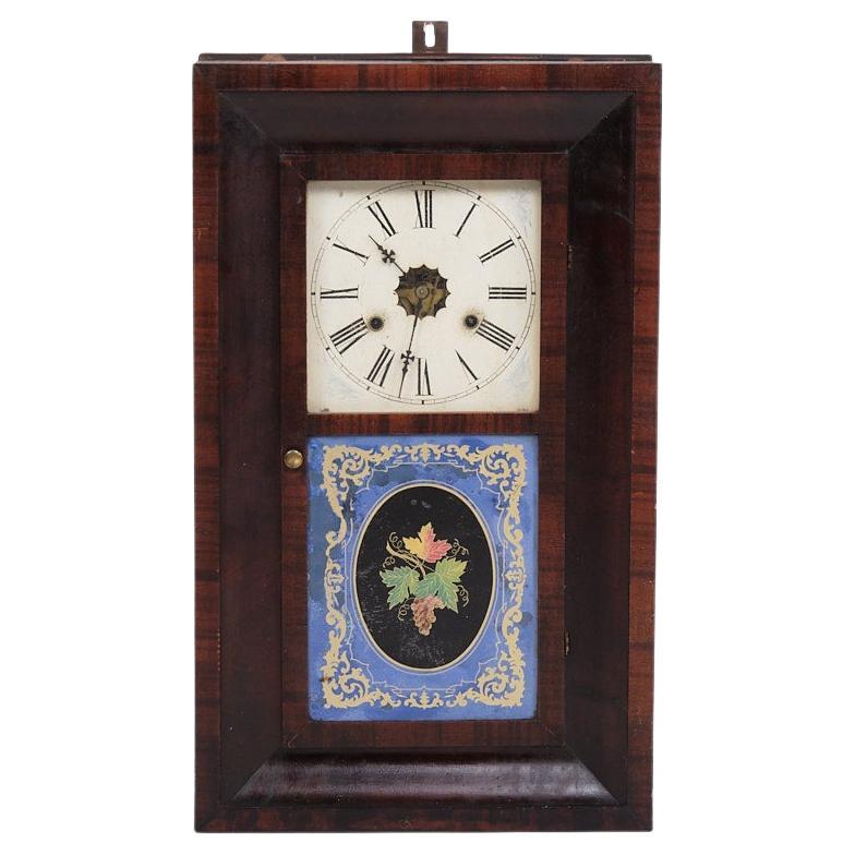 Antique American Clock With Painted Glass Window Made In Dark Wood