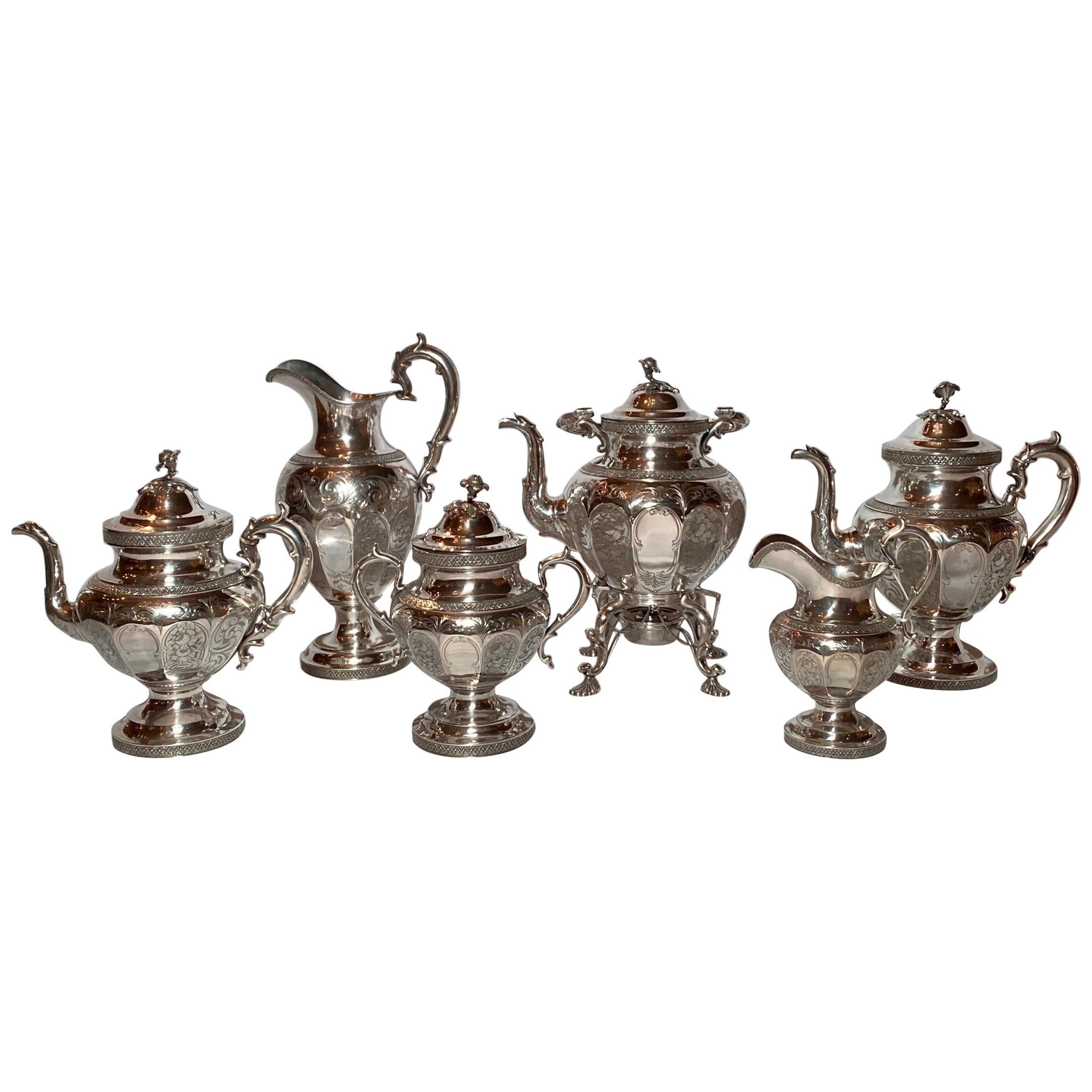 Antique American Coin Silver "Ball, Tompkins & Black" 6 Piece Tea Service, 1840s