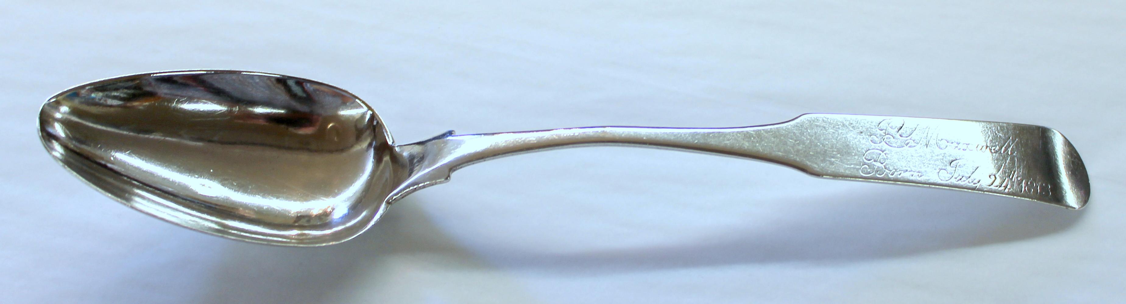 Fine and rare antique American hand engraved coin silver presentation birth spoon, fiddle pattern, with maker's marks by silversmith: Eleazer Wyer, Jr. (Portland, ME).

Maker's Marks: Eleazer Wyer, Jr. (Portland, ME), working 1806-1813
Approx. 2.5