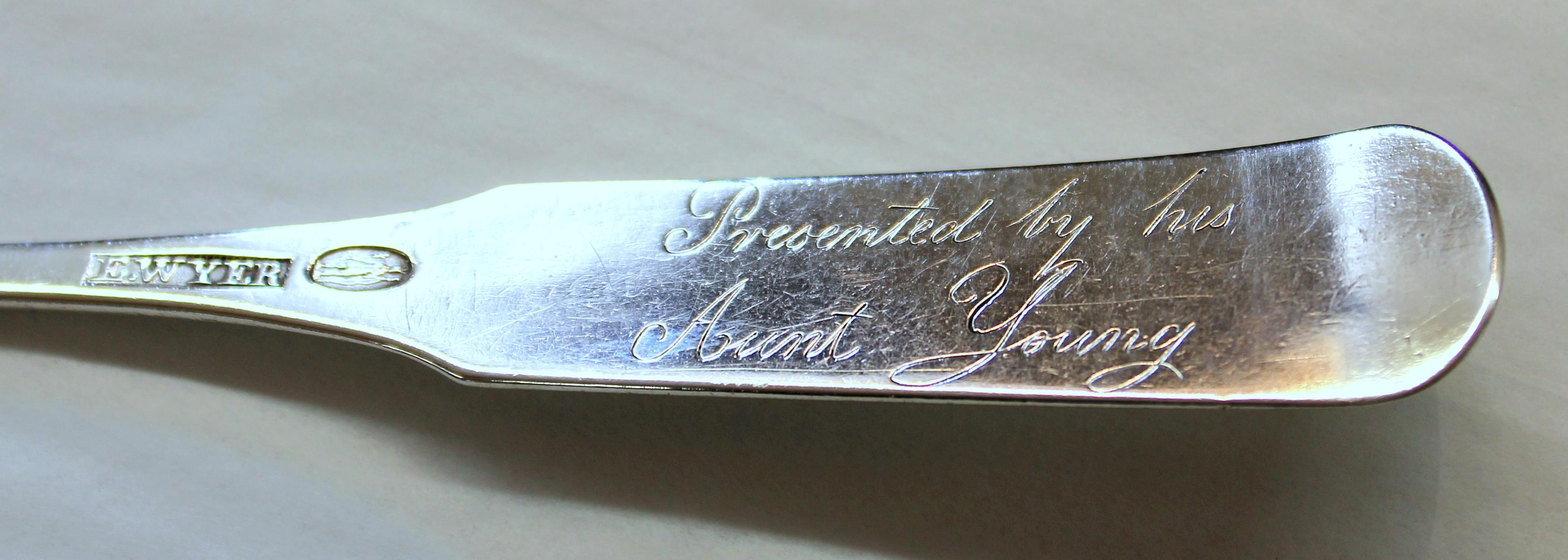 Antique American Coin Silver Presentation Birth Spoon, Fiddle Pattern For Sale 1