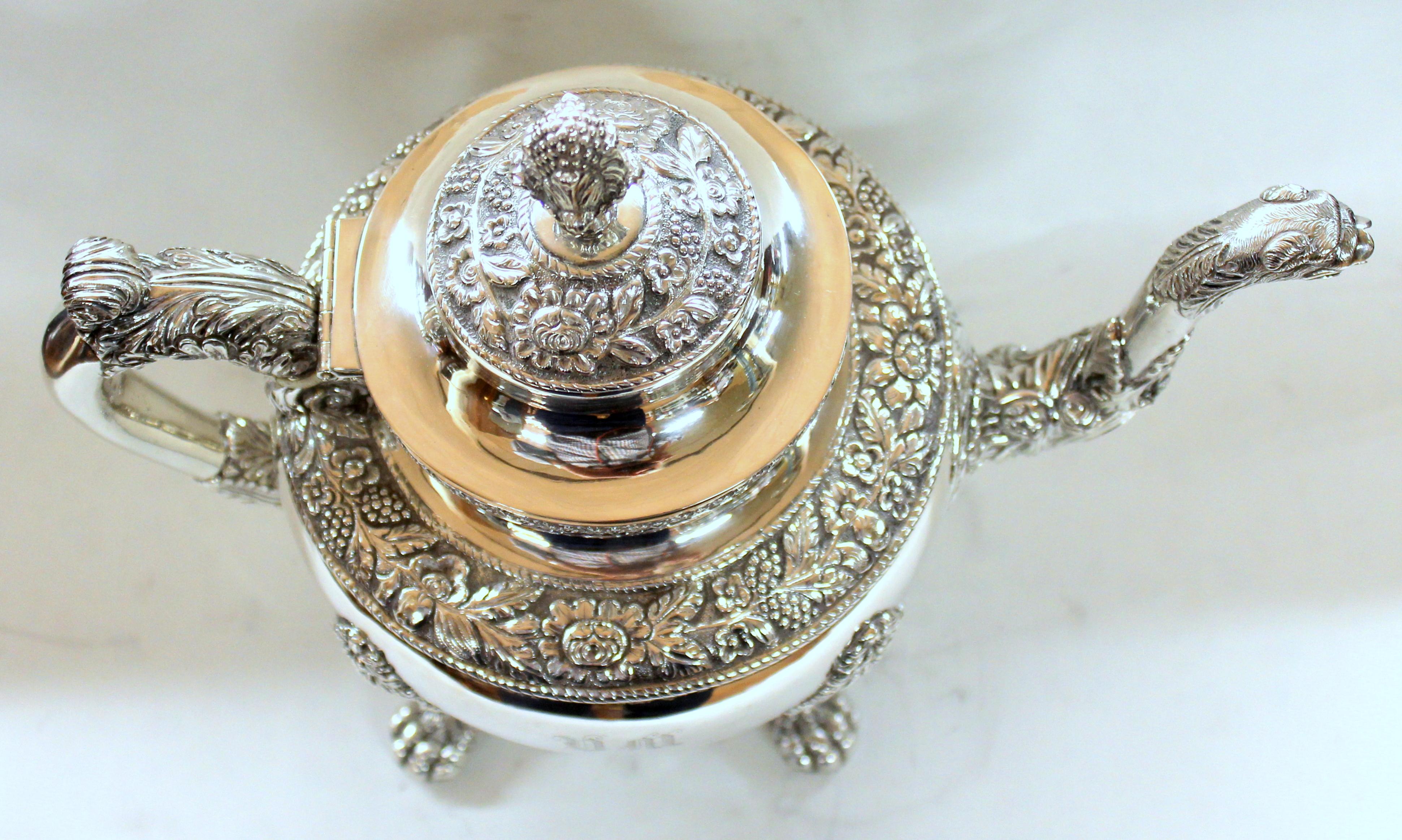 Antique American Coin Silver Rococo Style Four Piece Tea Set, Andrew de Milt, NY 7