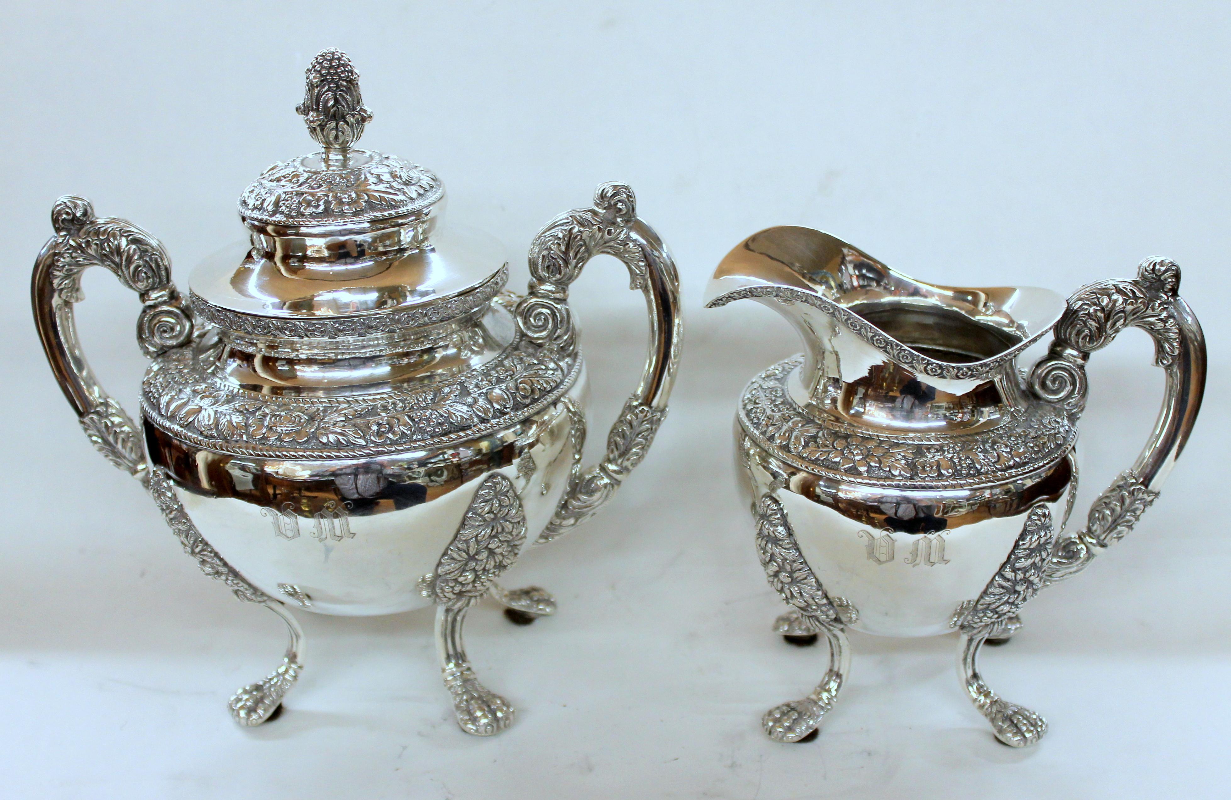 Antique American Coin Silver Rococo Style Four Piece Tea Set, Andrew de Milt, NY 8