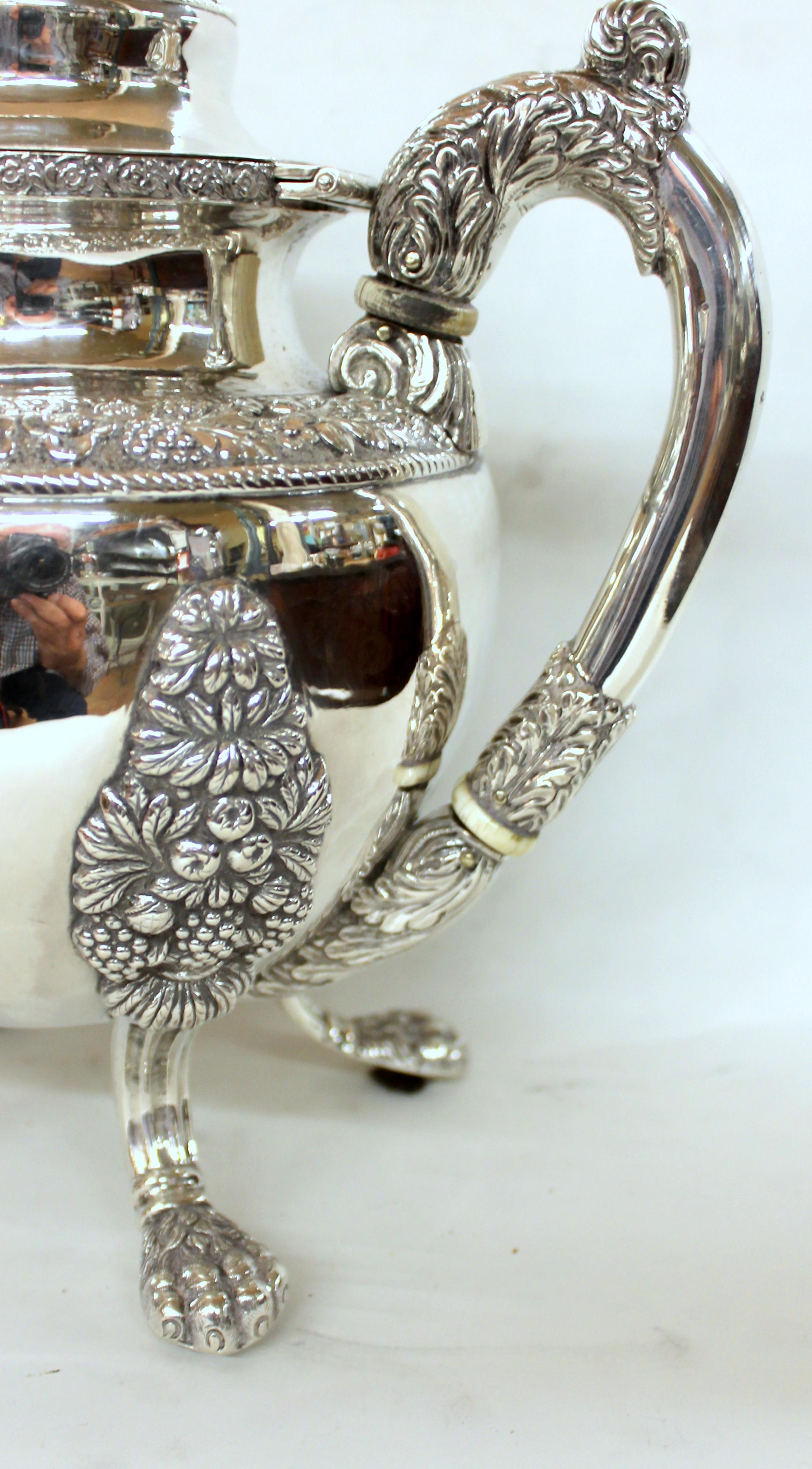 Hand-Crafted Antique American Coin Silver Rococo Style Four Piece Tea Set, Andrew de Milt, NY