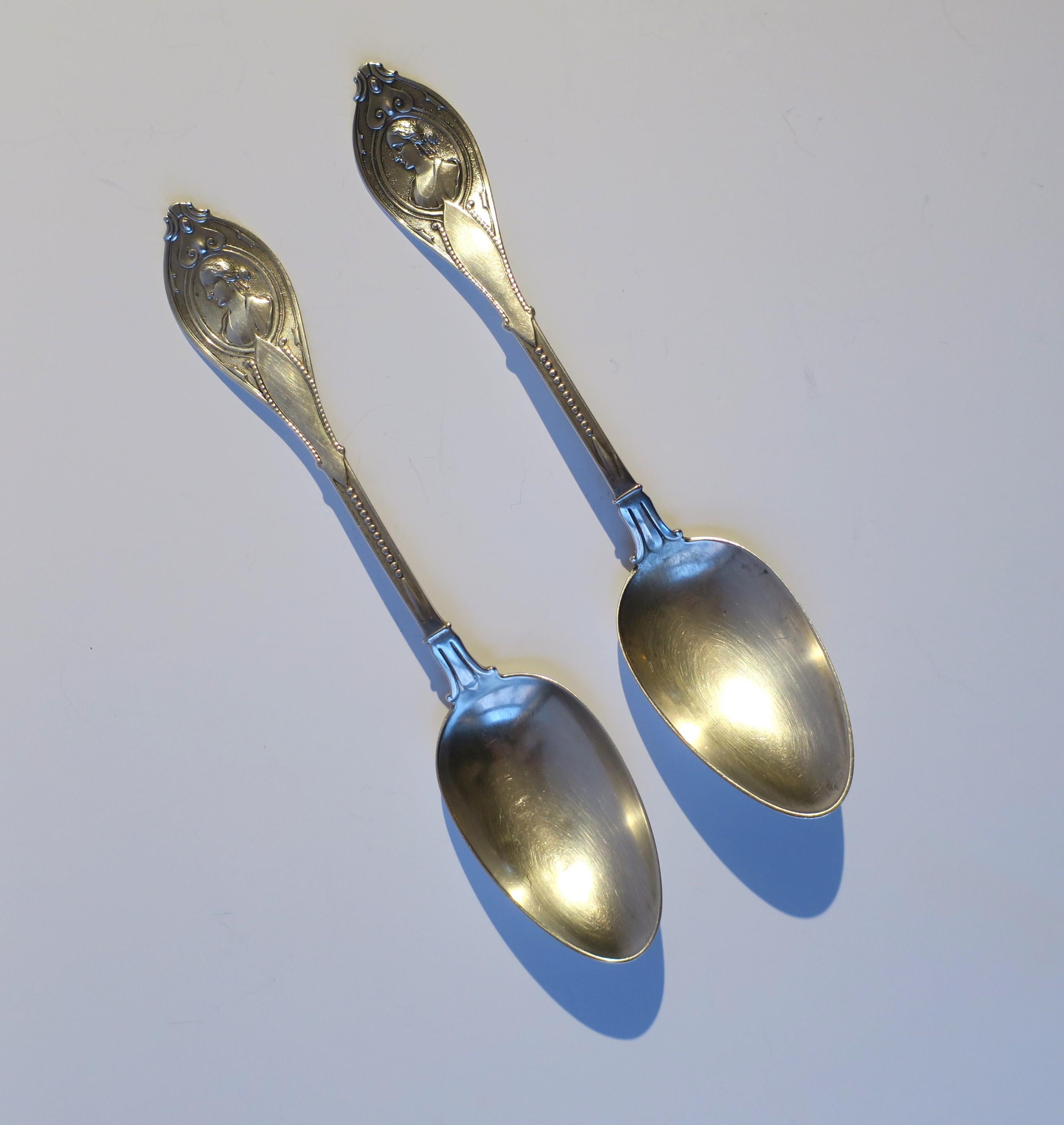 19th Century Antique American Coin Silver Serving Spoons Set by J H Heller & Son, Pair For Sale