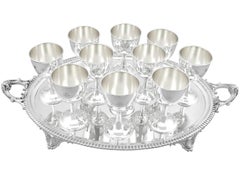 Antique American Coin Silver Tray with Ten Sterling Goblets