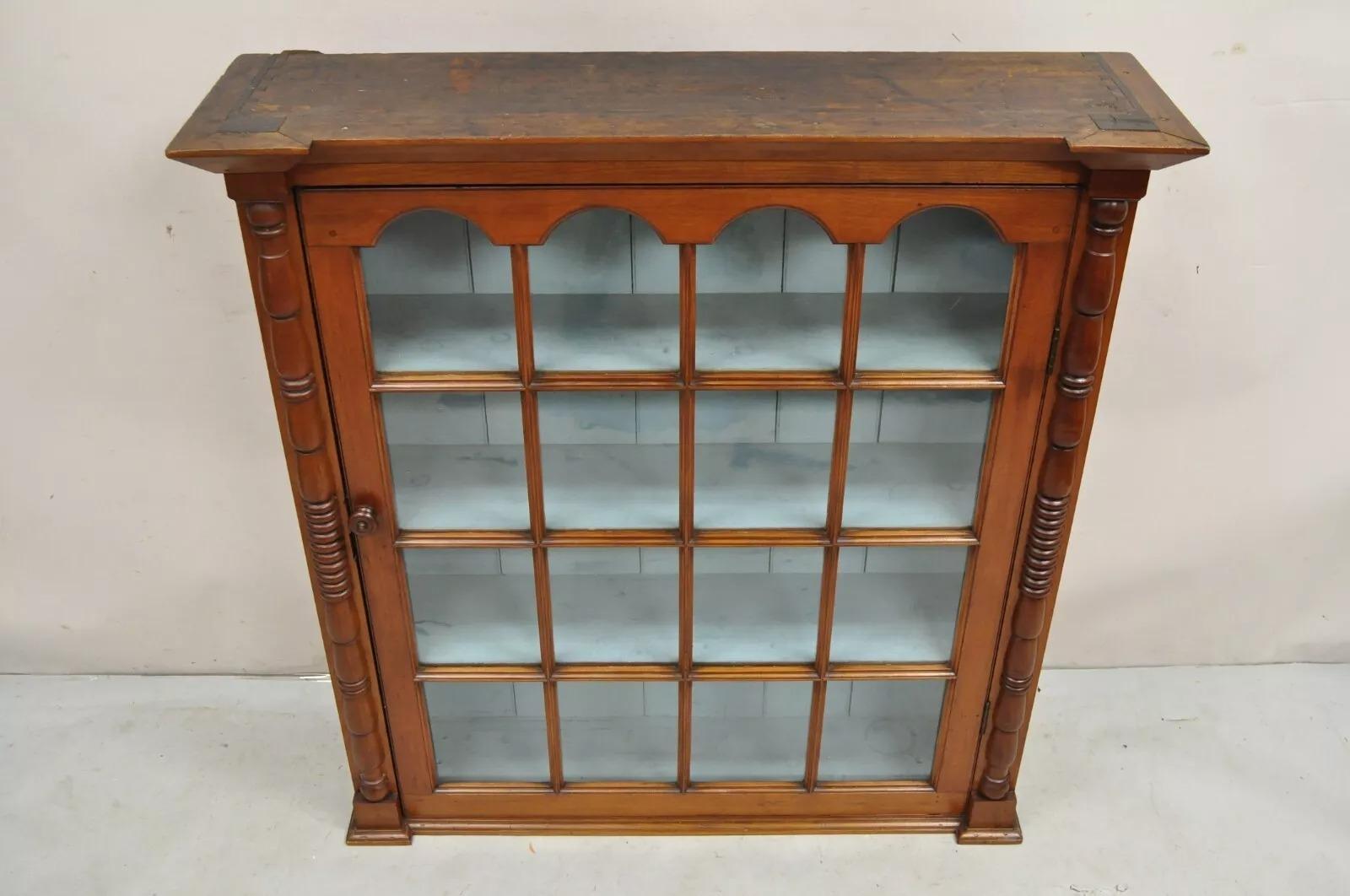 Antique American Colonial Cherry Wood Wavy Glass Door China Cabinet Hutch 6