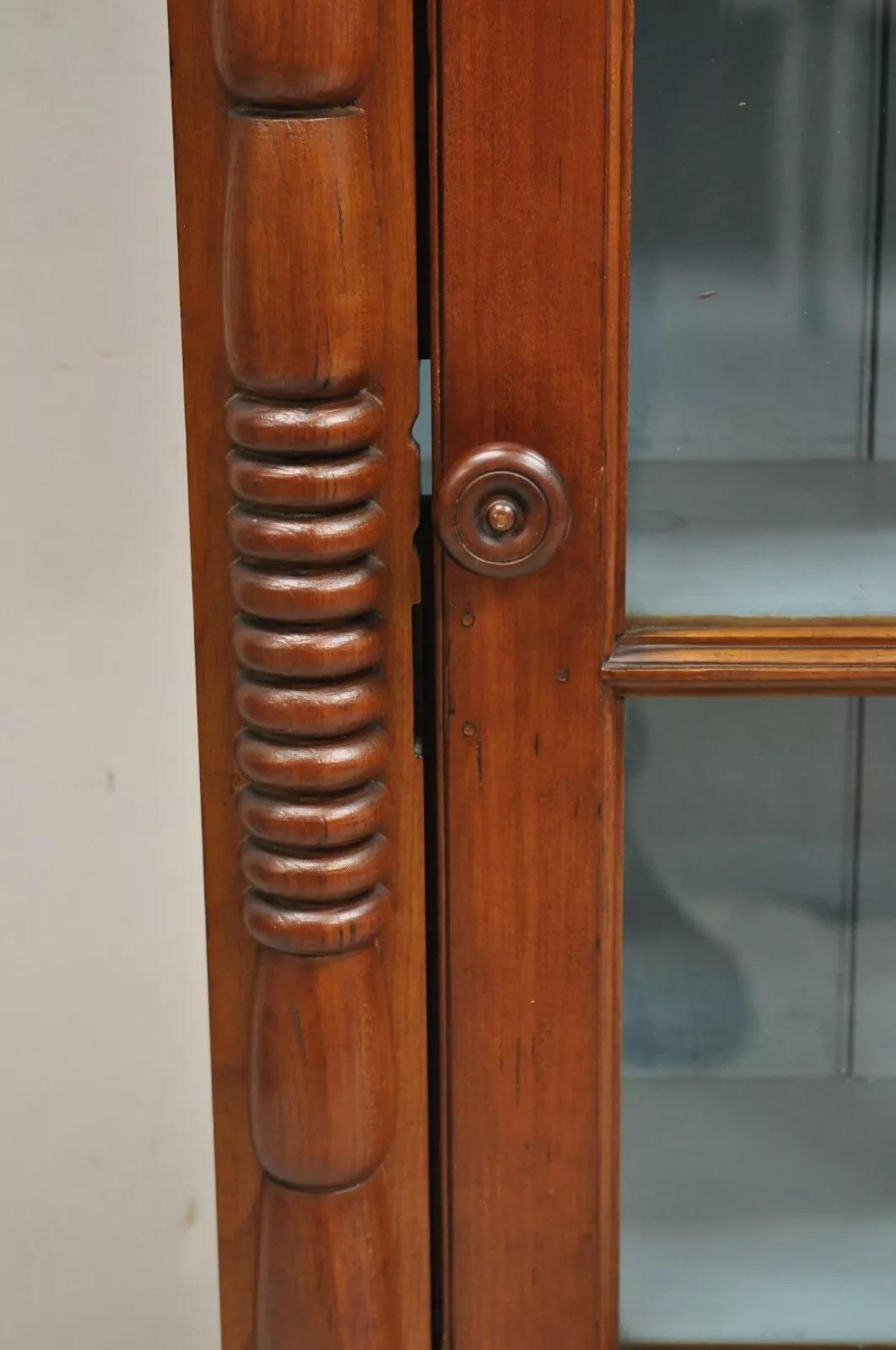 Antique American Colonial Cherry Wood Wavy Glass Door China Cabinet Hutch In Good Condition In Philadelphia, PA