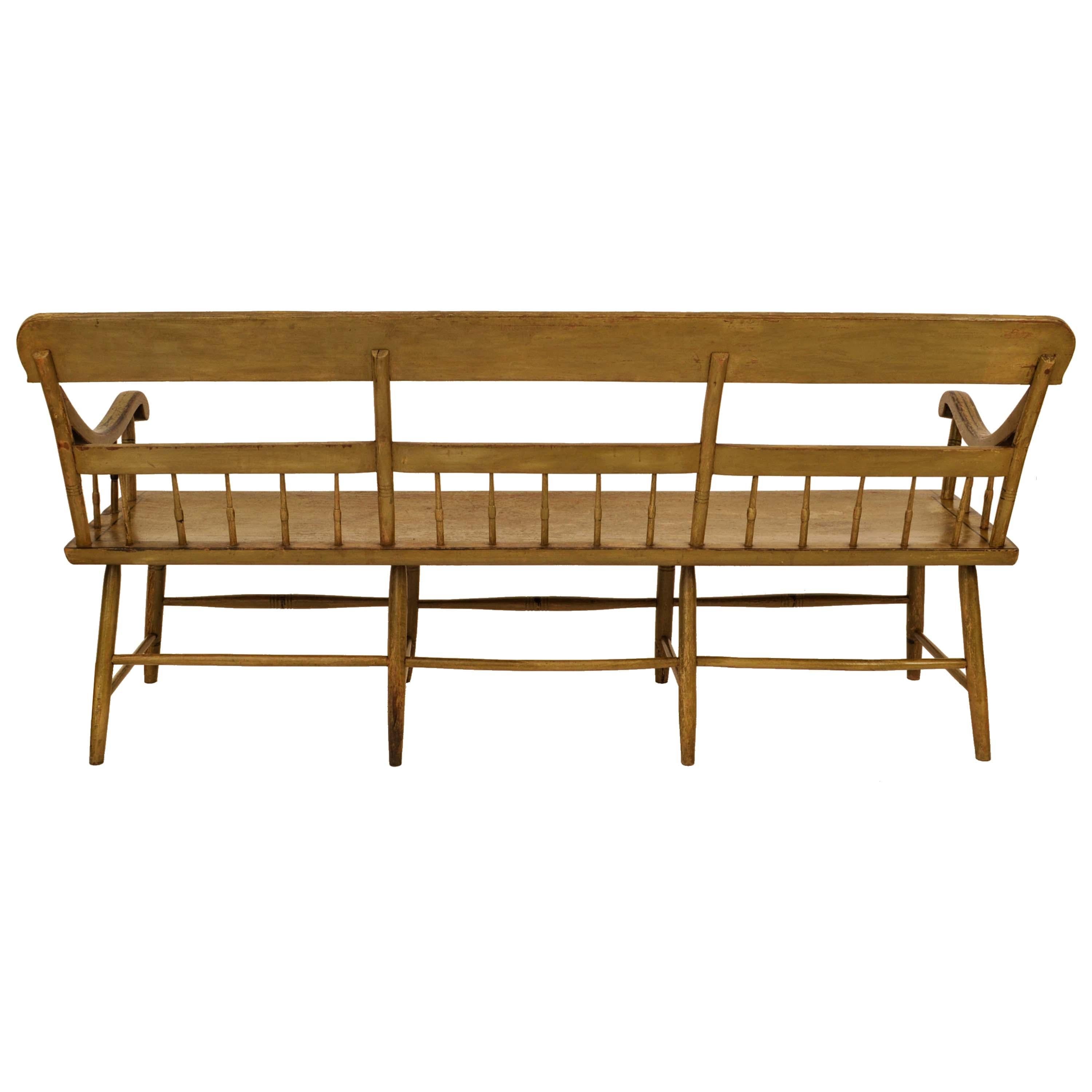 Pine Antique American Federal Baltimore Painted Spindled Windsor Bench Settee 1820 For Sale