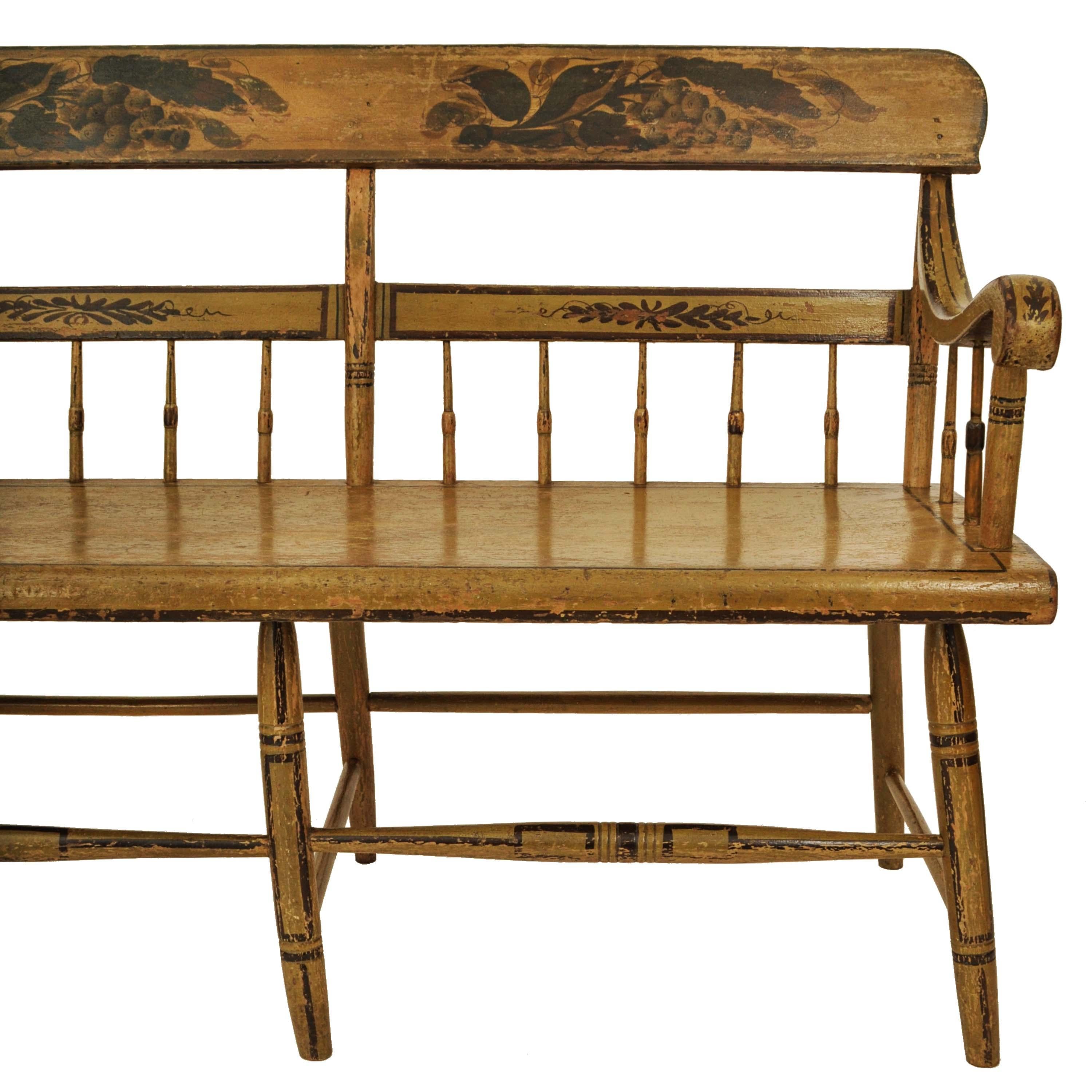Hand-Painted Antique American Federal Baltimore Painted Spindled Windsor Bench Settee 1820 For Sale