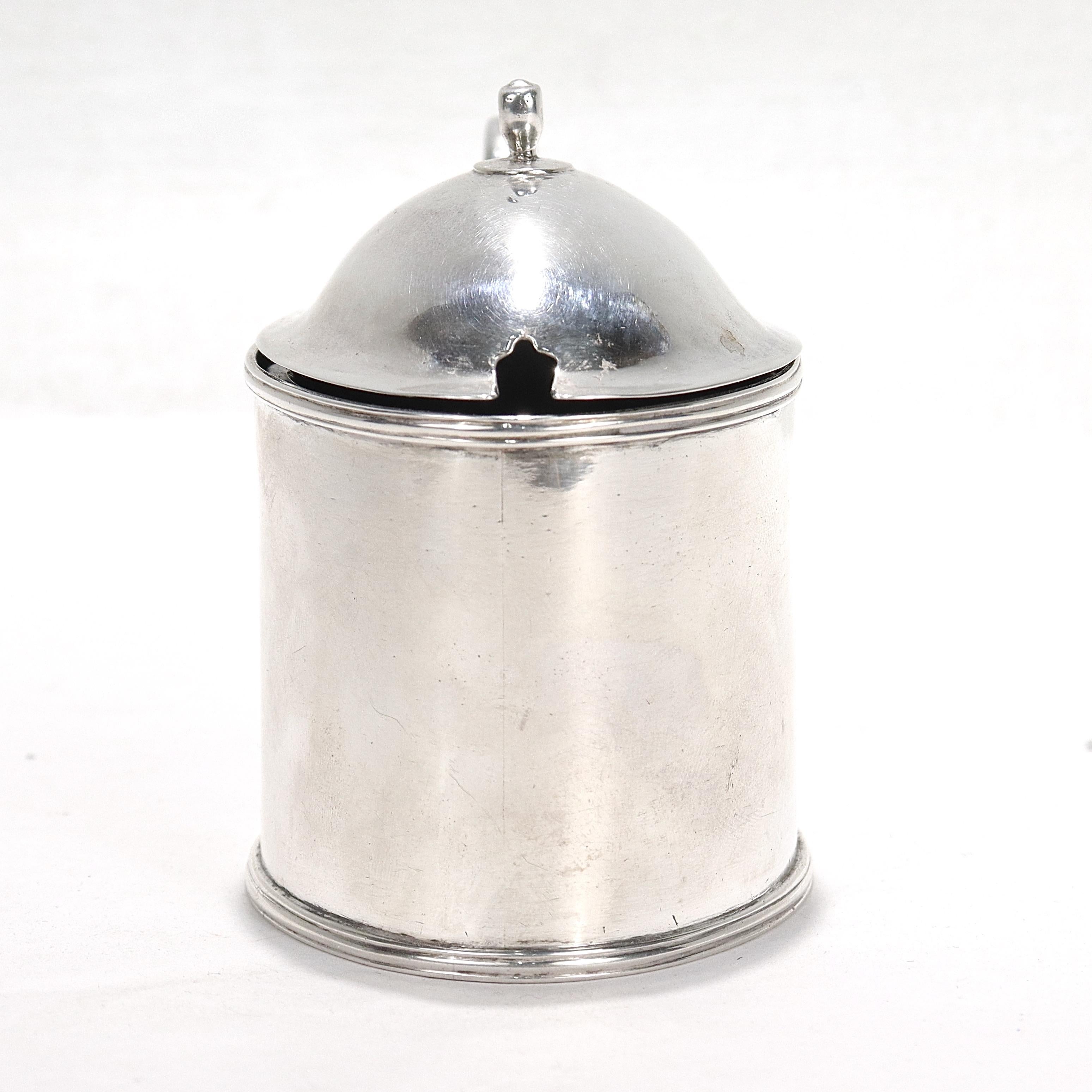 Silver Antique American Colonial Period Mustard Pot marked JM with Cobalt Glass Insert For Sale