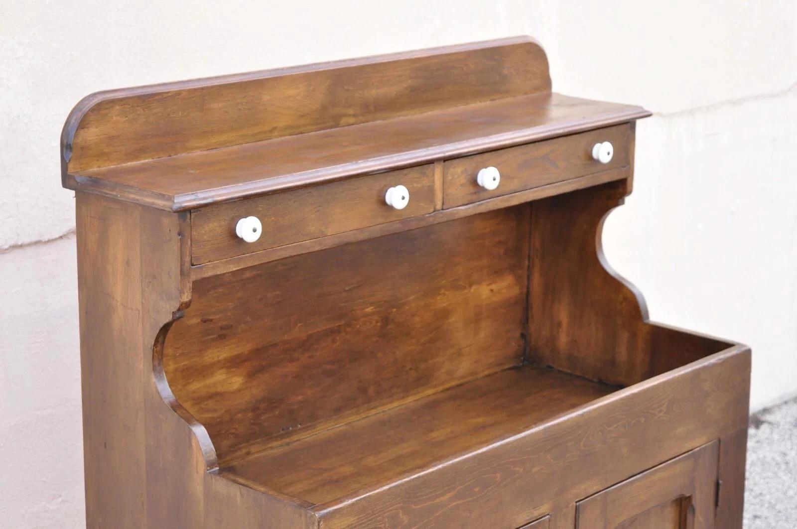 Unknown Antique American Colonial Primitive Pine Wood Stepback Drysink Hutch Cupboard For Sale