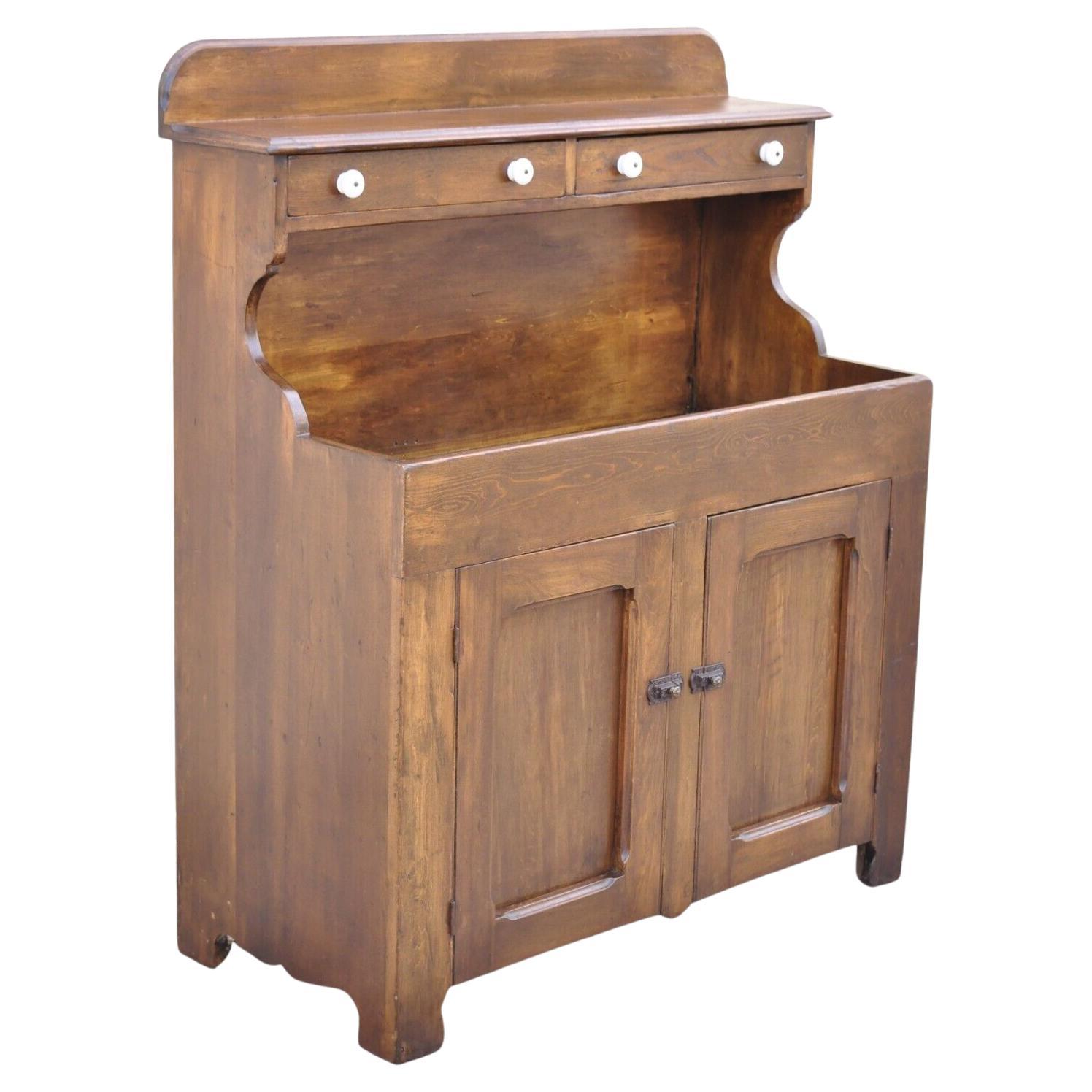 Antique American Colonial Primitive Pine Wood Stepback Drysink Hutch Cupboard