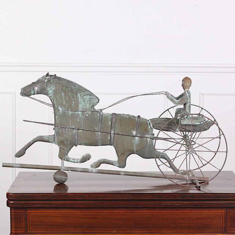 Antique American Copper Weathervane Modeled after a Horse and Trap with Driver In Fair Condition In Vancouver, British Columbia