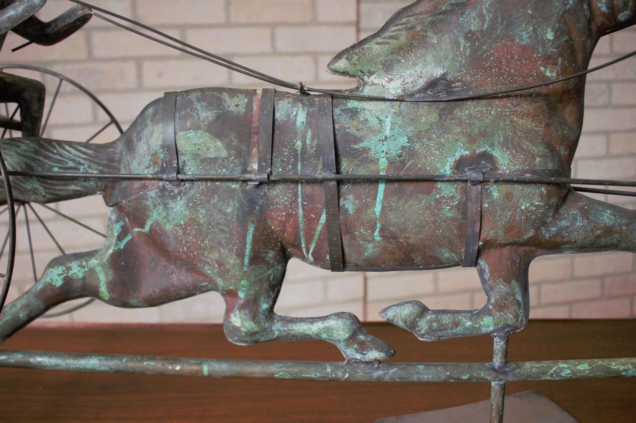 Antique American Copper Weathervane Sulky Jockey with Buggy Horse 7