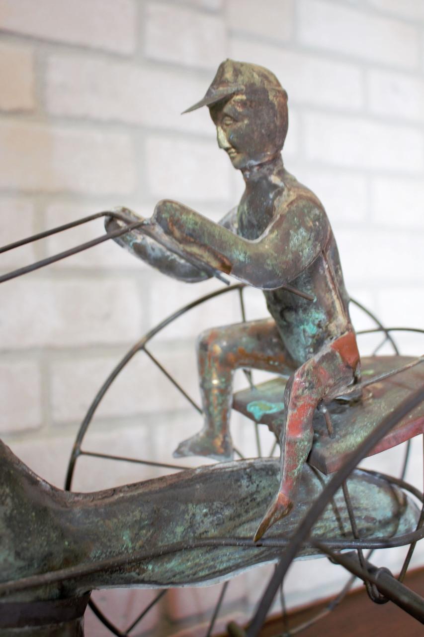 Patinated Antique American Copper Weathervane Sulky Jockey with Buggy Horse
