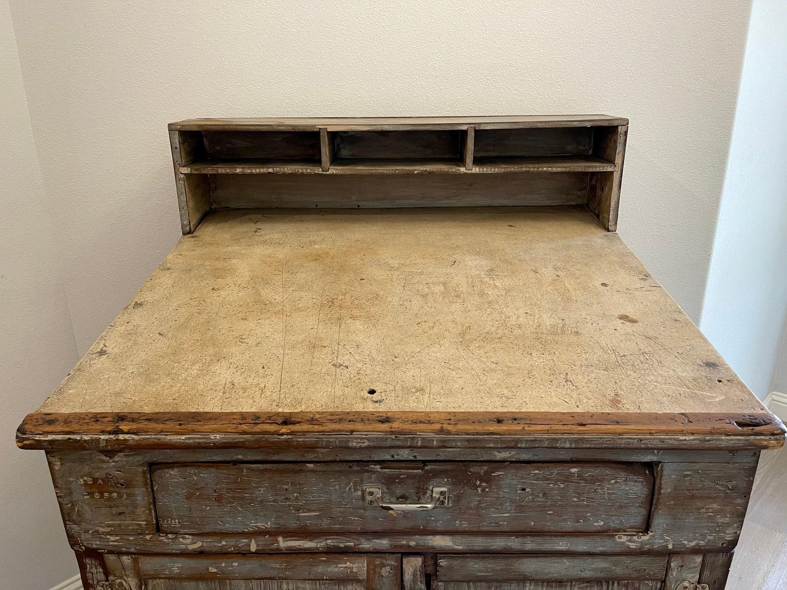 Antique American Country Industrial Distressed Painted Workbench 1