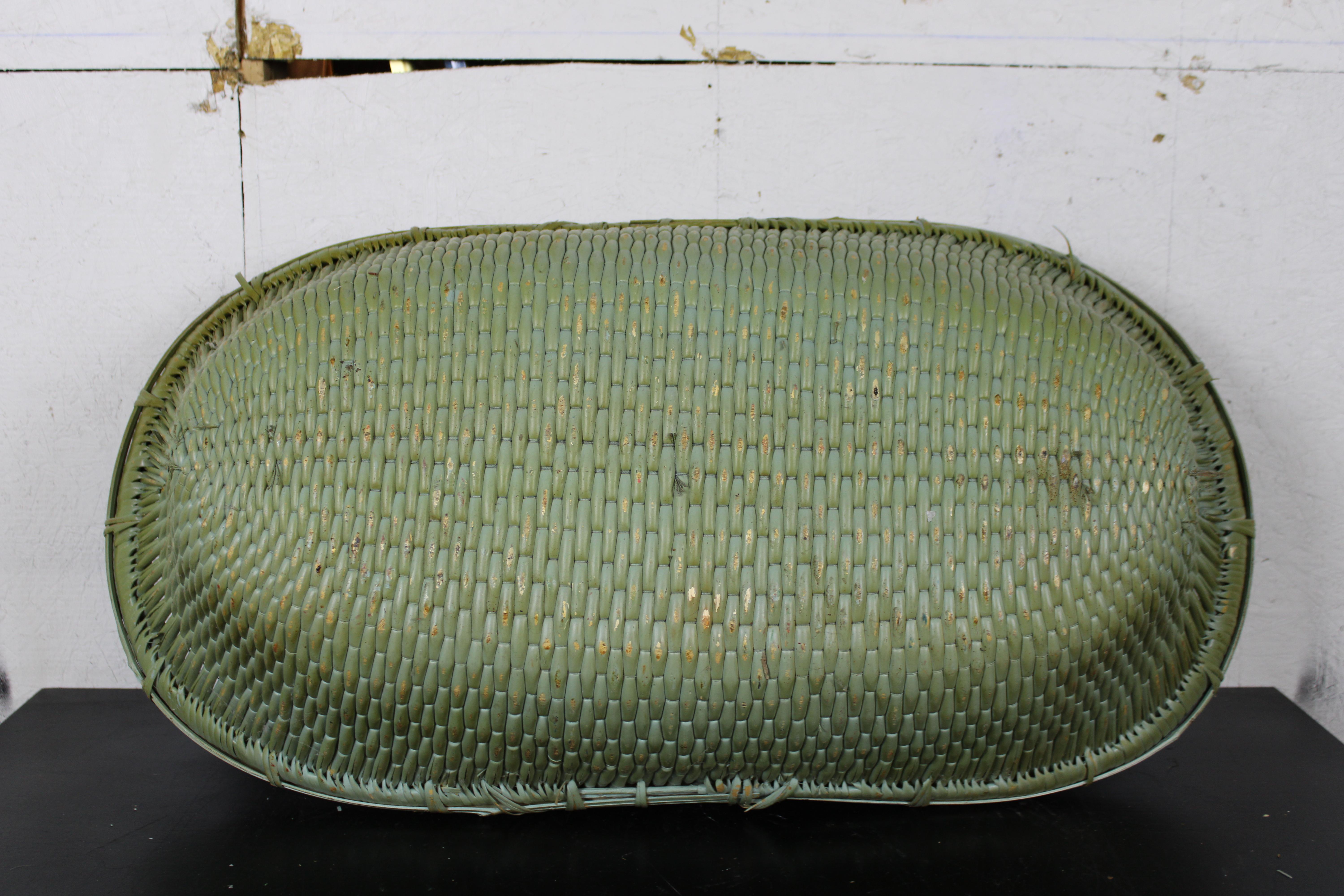 Antique American Country Painted Oval Wicker Harvest Gathering Basket Large 1