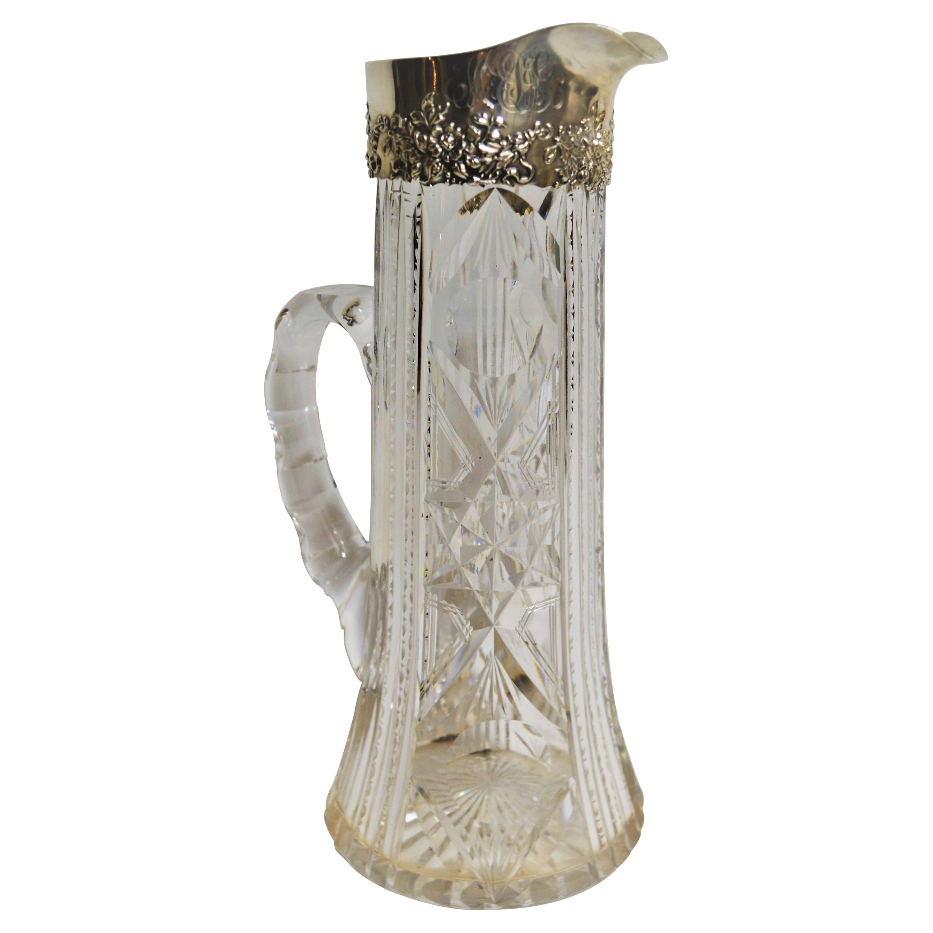 Antique American Cut Crystal Silver Mounted Pitcher For Sale