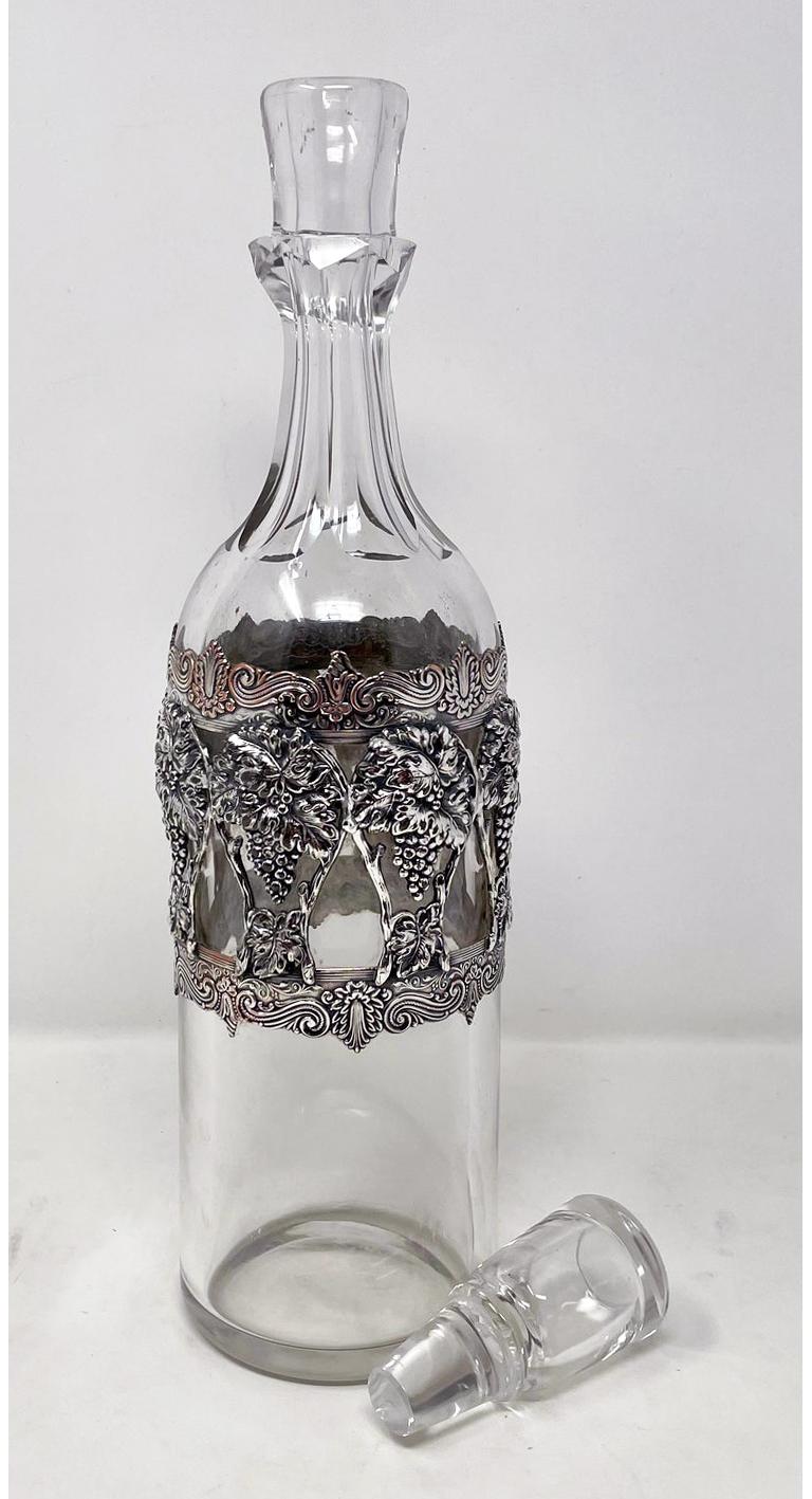 Antique American Cut Crystal Wine Decanter W/ Sterling Silver Overlay Circa 1900 In Good Condition In New Orleans, LA