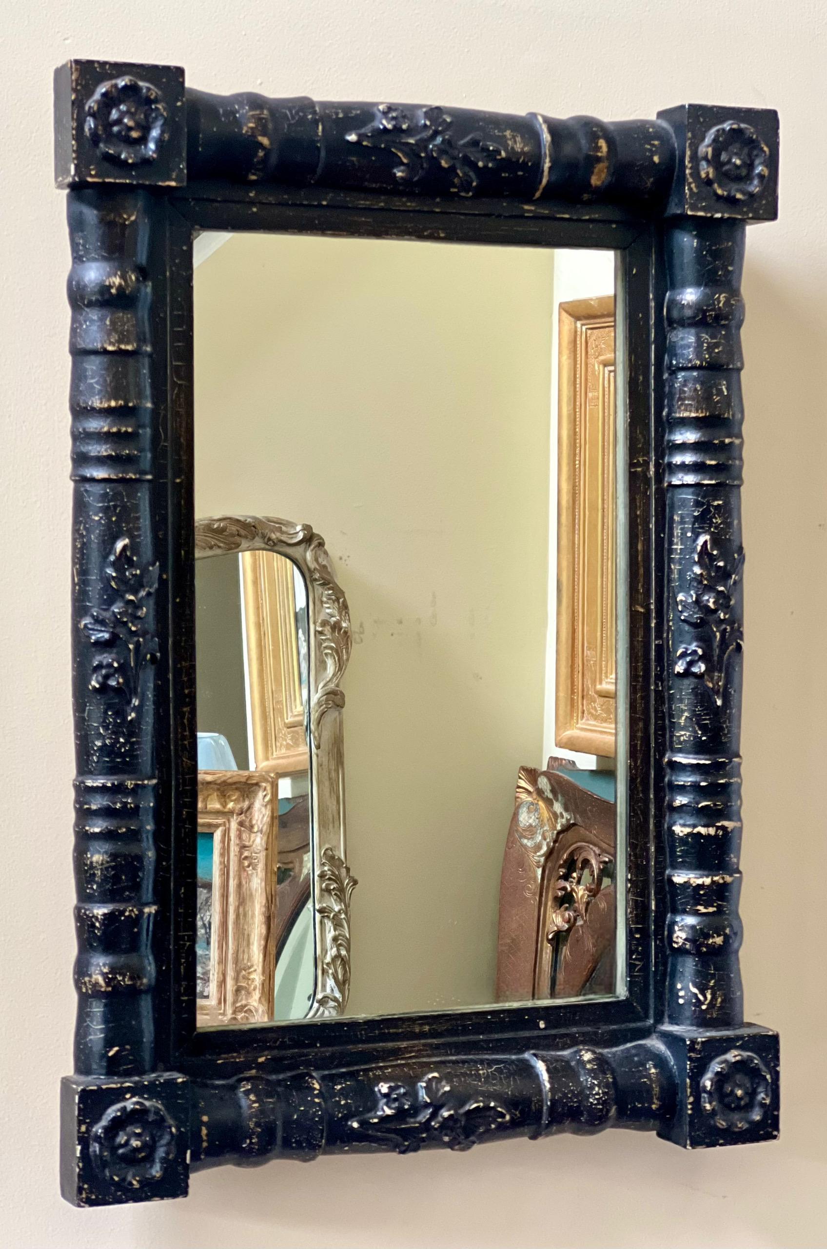 Antique American Eastlake Black Painted Carved Wood Mirror, Late 19th Century 2