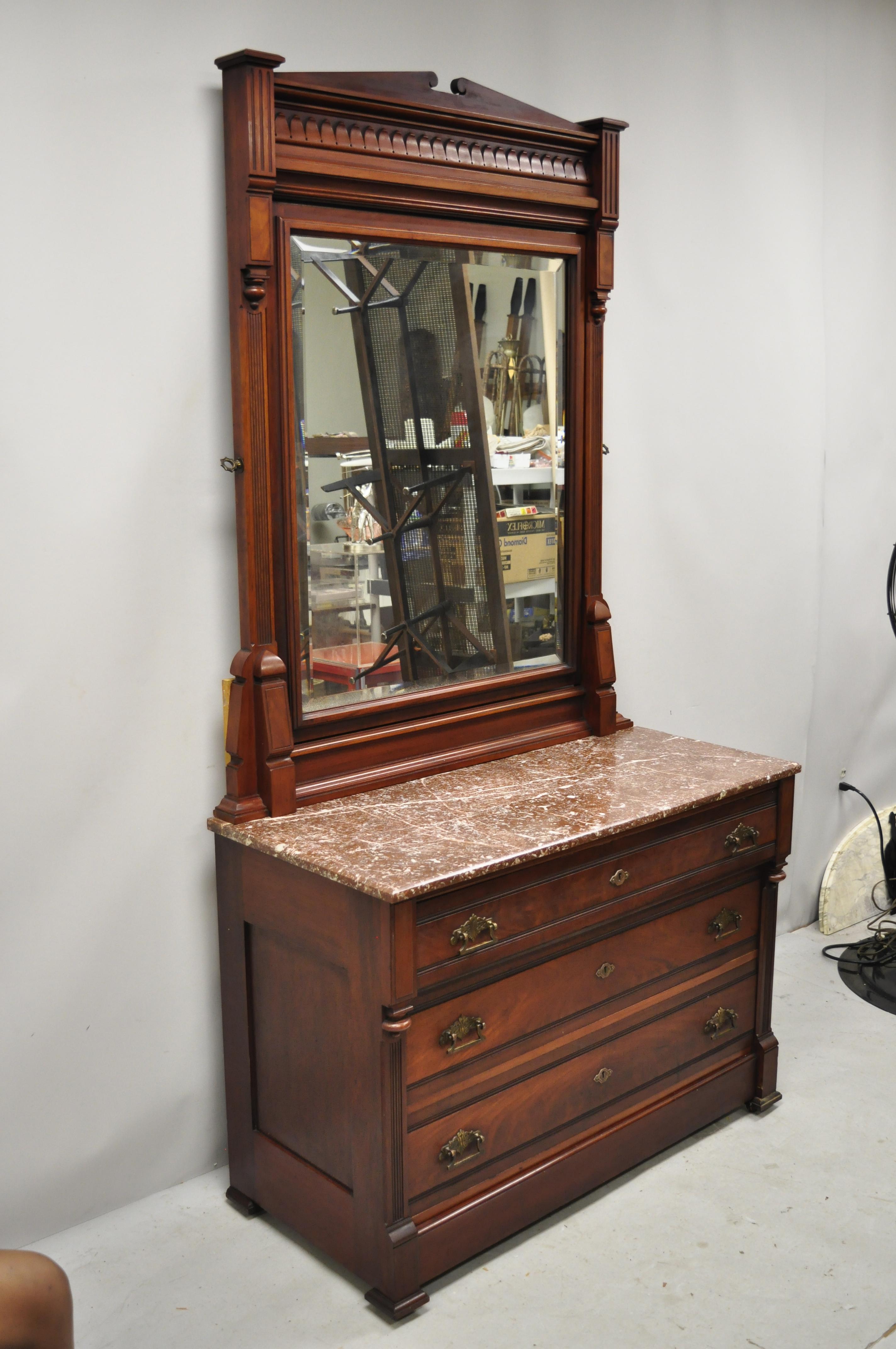 American Eastlake Victorian Marble-Top Walnut Washstand Dresser with Mirror 4