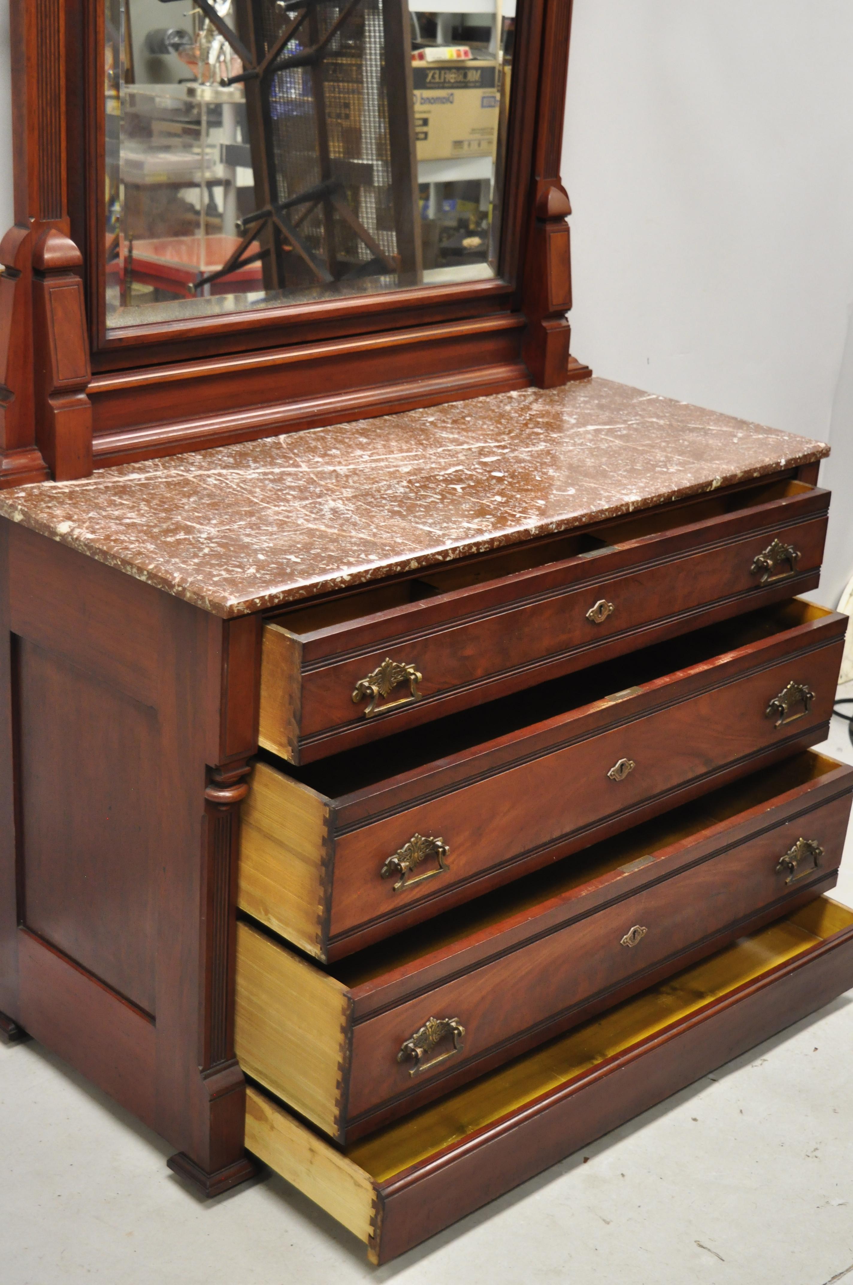 North American American Eastlake Victorian Marble-Top Walnut Washstand Dresser with Mirror