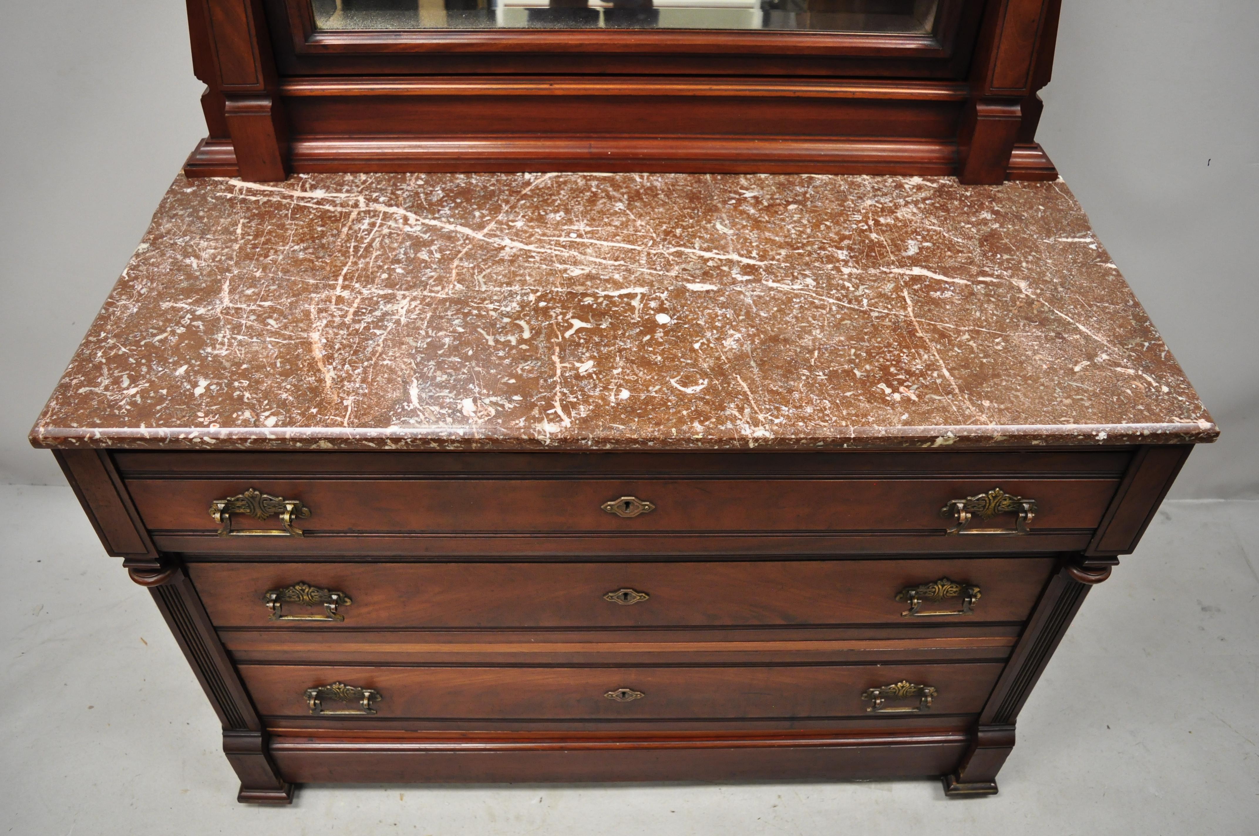 American Eastlake Victorian Marble-Top Walnut Washstand Dresser with Mirror In Good Condition In Philadelphia, PA