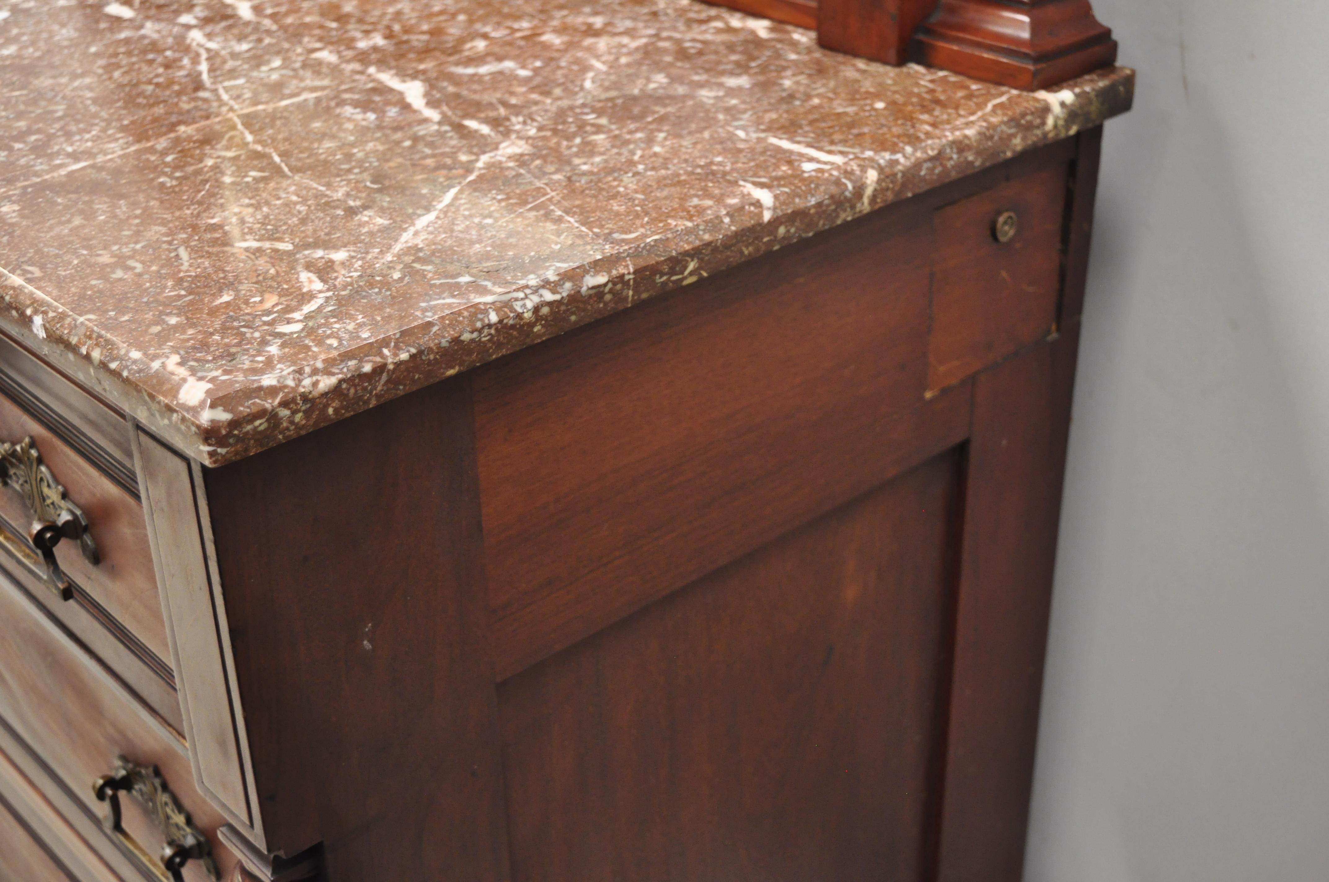 American Eastlake Victorian Marble-Top Walnut Washstand Dresser with Mirror 1
