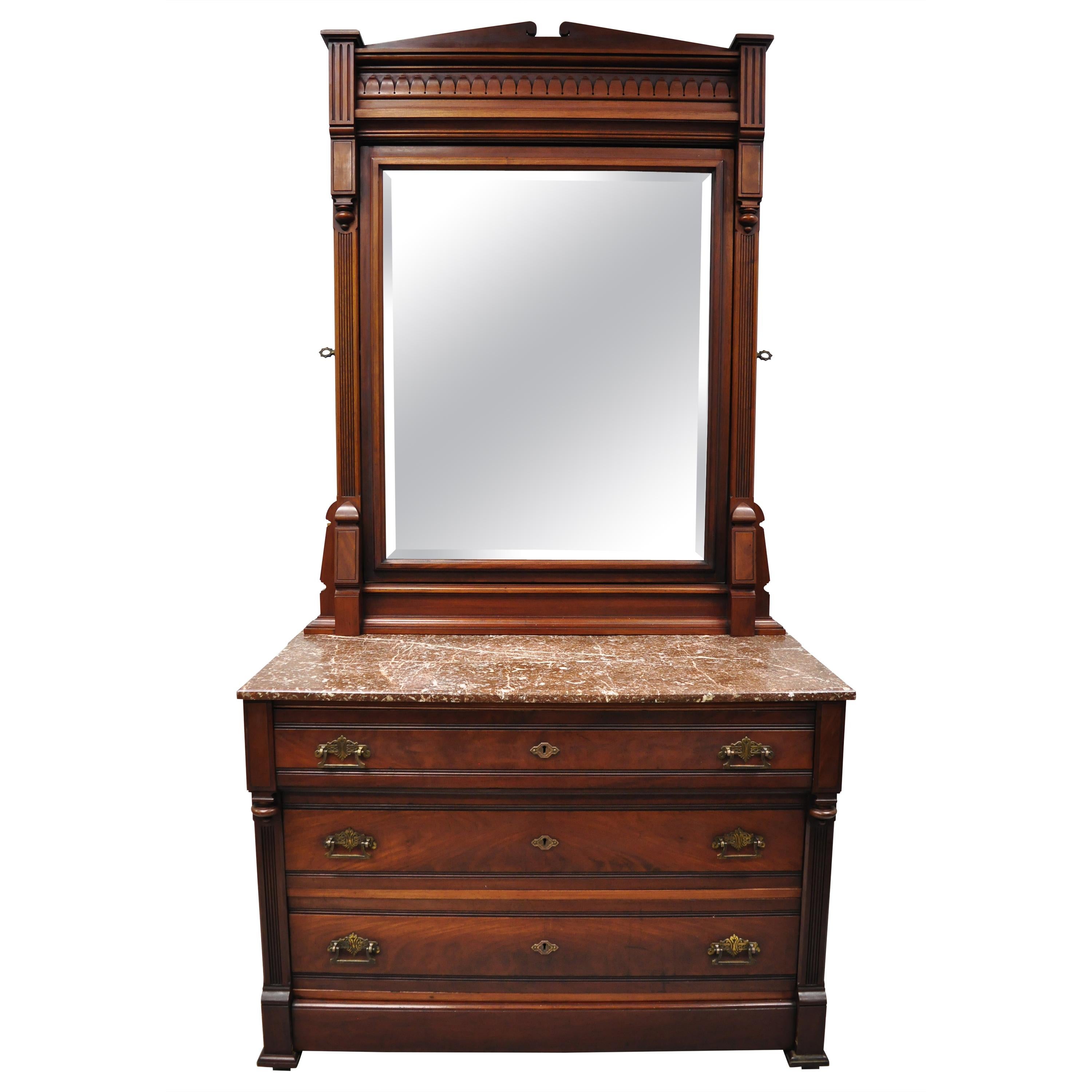 American Eastlake Victorian Marble-Top Walnut Washstand Dresser with Mirror
