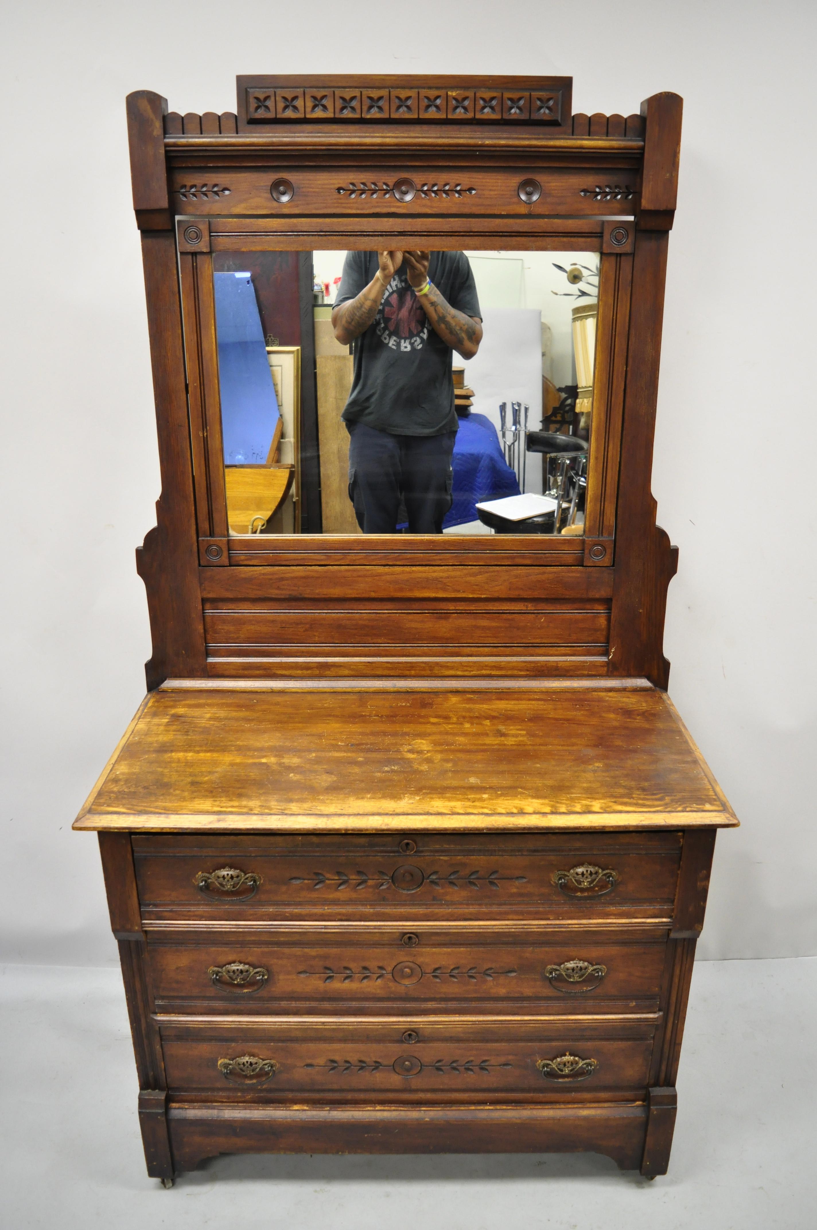 Antique American Eastlake Victorian Walnut 3 Drawer Dresser Chest with Mirror 4