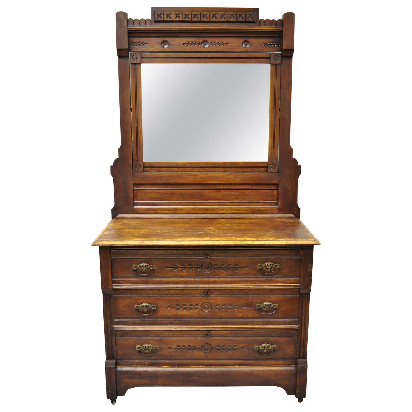Antique American Eastlake Victorian Walnut 3 Drawer Dresser Chest with