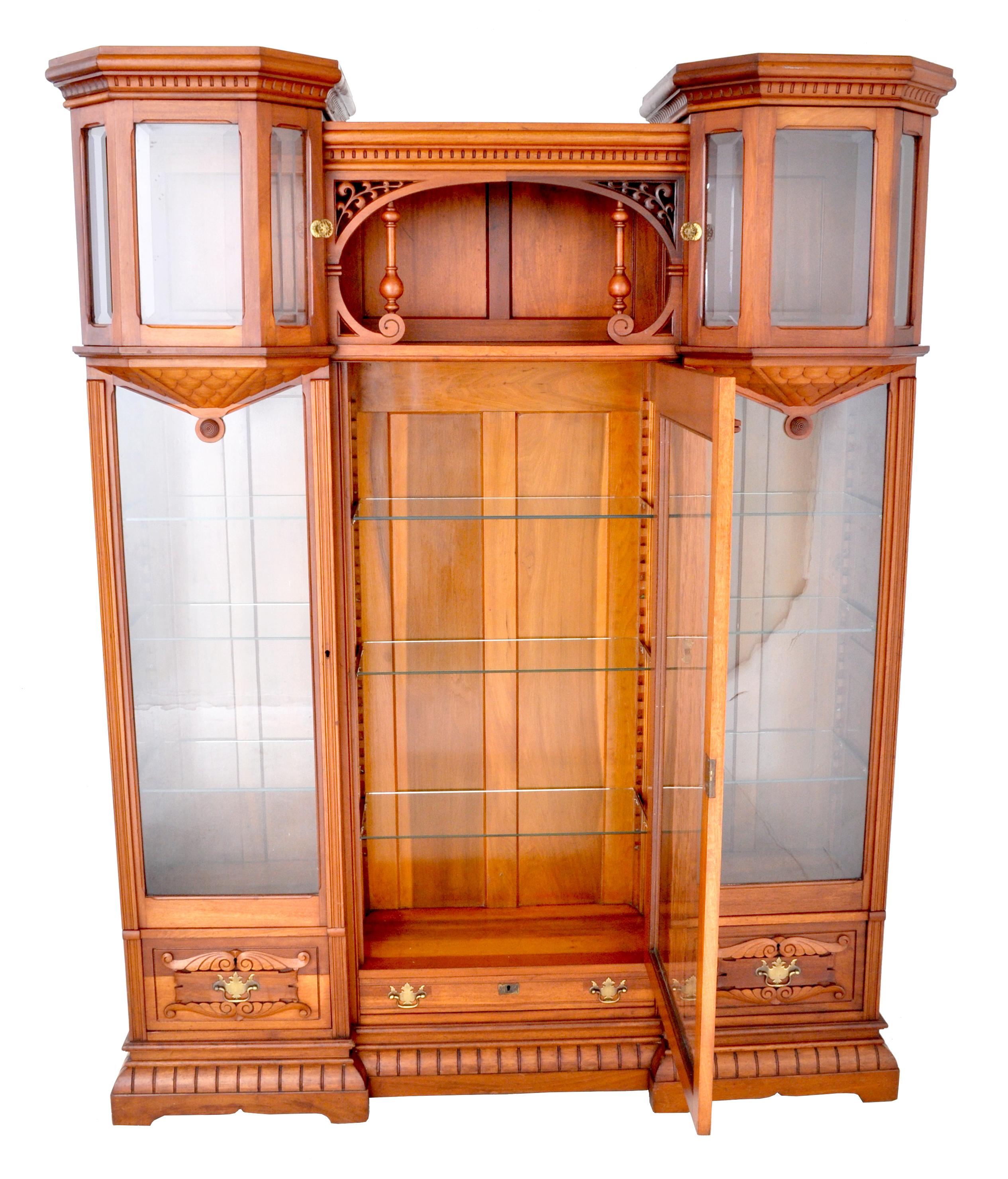 Carved Antique American Eastlake Walnut Breakfront Bookcase/Hutch/Cabinet, circa 1890