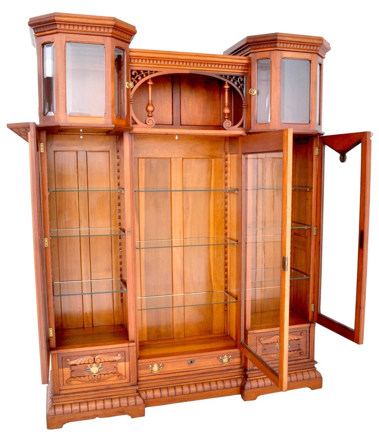 Antique American Eastlake Walnut Breakfront Bookcase Hutch Cabinet Circa 1890