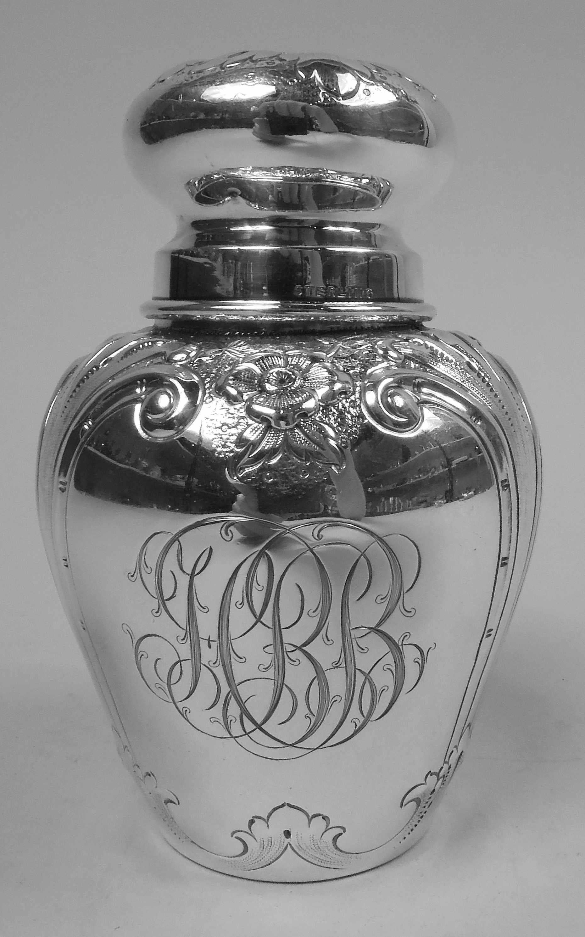 Engraved Antique American Edwardian Classical Sterling Silver Tea Caddy For Sale