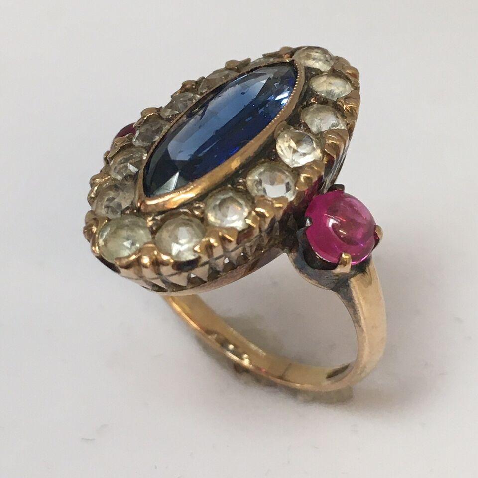 Antique American 14k Yellow Gold Multicolor Natural Sapphire Ring

Edwardian era, American made
Marked 'K14’ gold, acid tested 14K gold
Top lozenge measures 3/4 inch long and 1/2 inch wide
Center Sapphire is 13.8 mm long, 5.4 mm wide and 2.5 mm deep